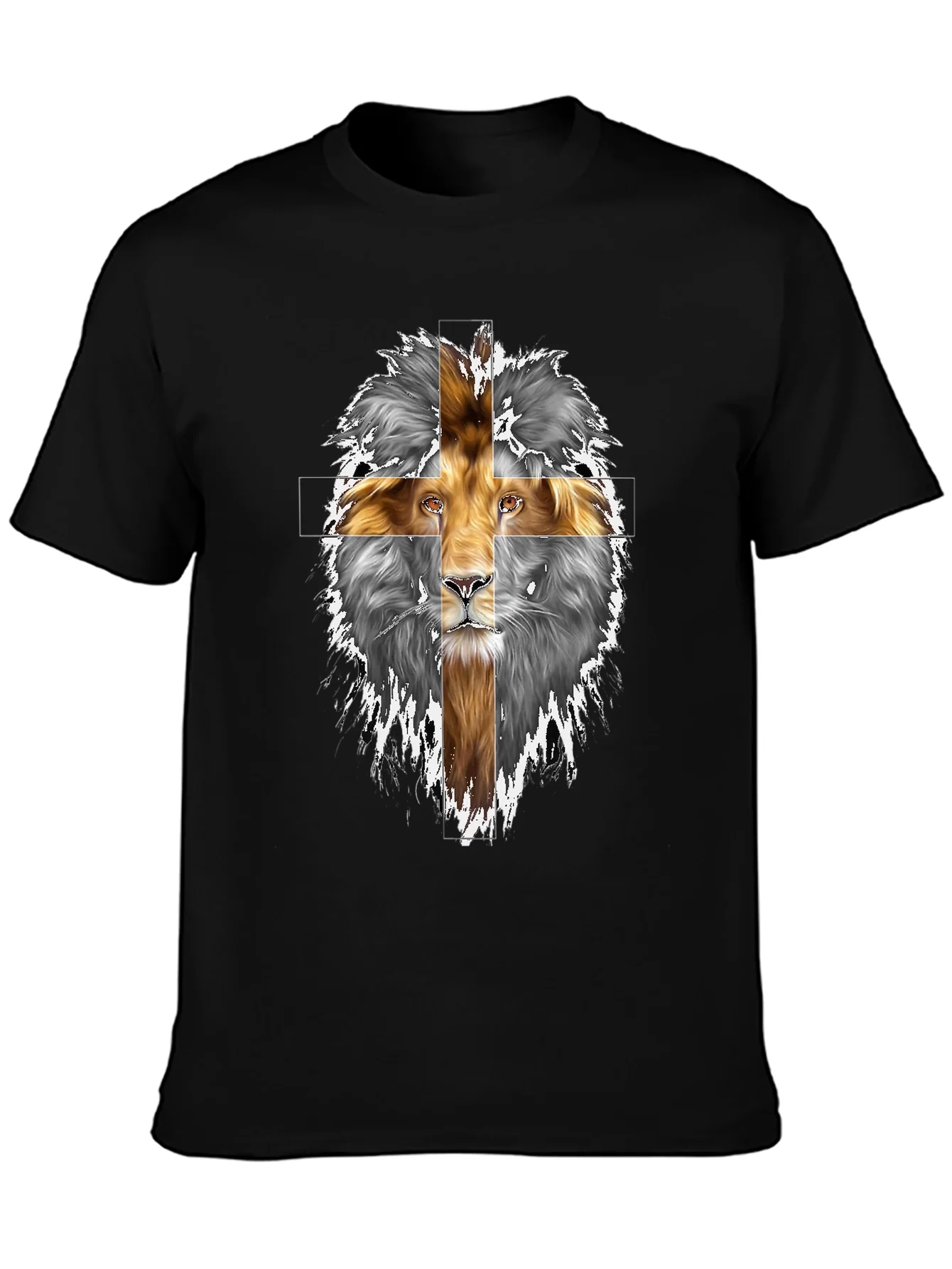 Lion Cross Graphic Print Black T-Shirt