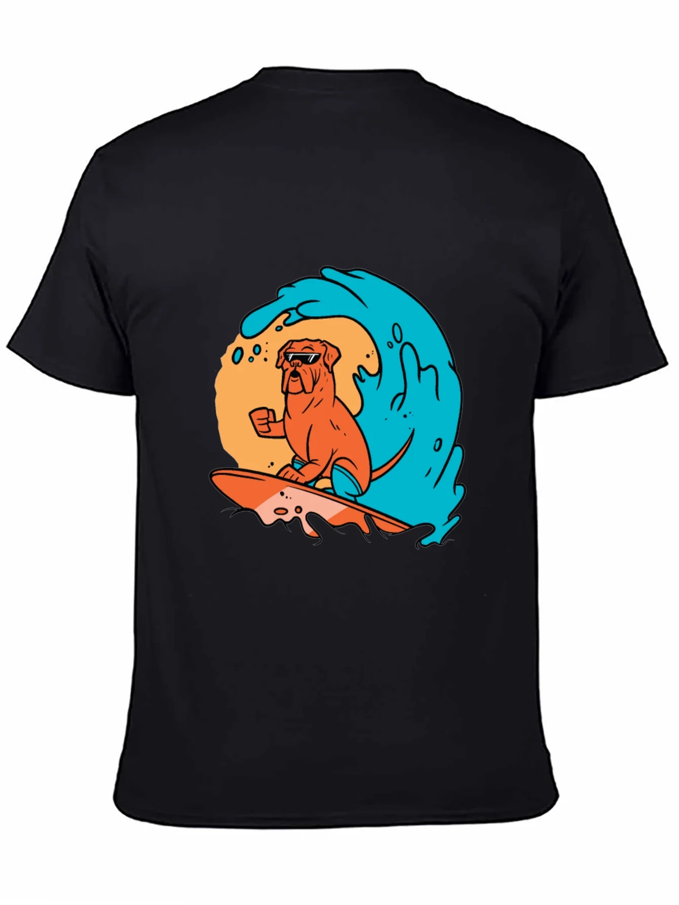 Surfing Dog Graphic Tee - Black Cotton T-Shirt