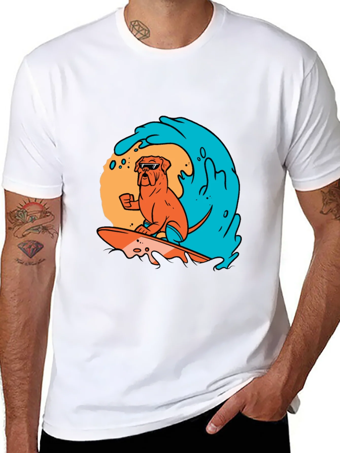 Surfing Dog Graphic Tee - Black Cotton T-Shirt
