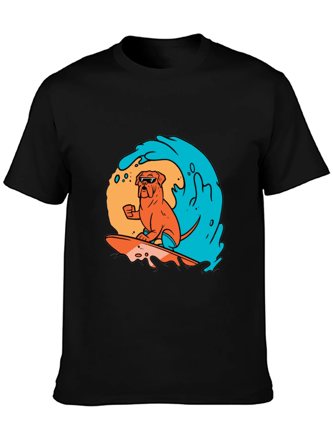 Surfing Dog Graphic Tee - Black Cotton T-Shirt