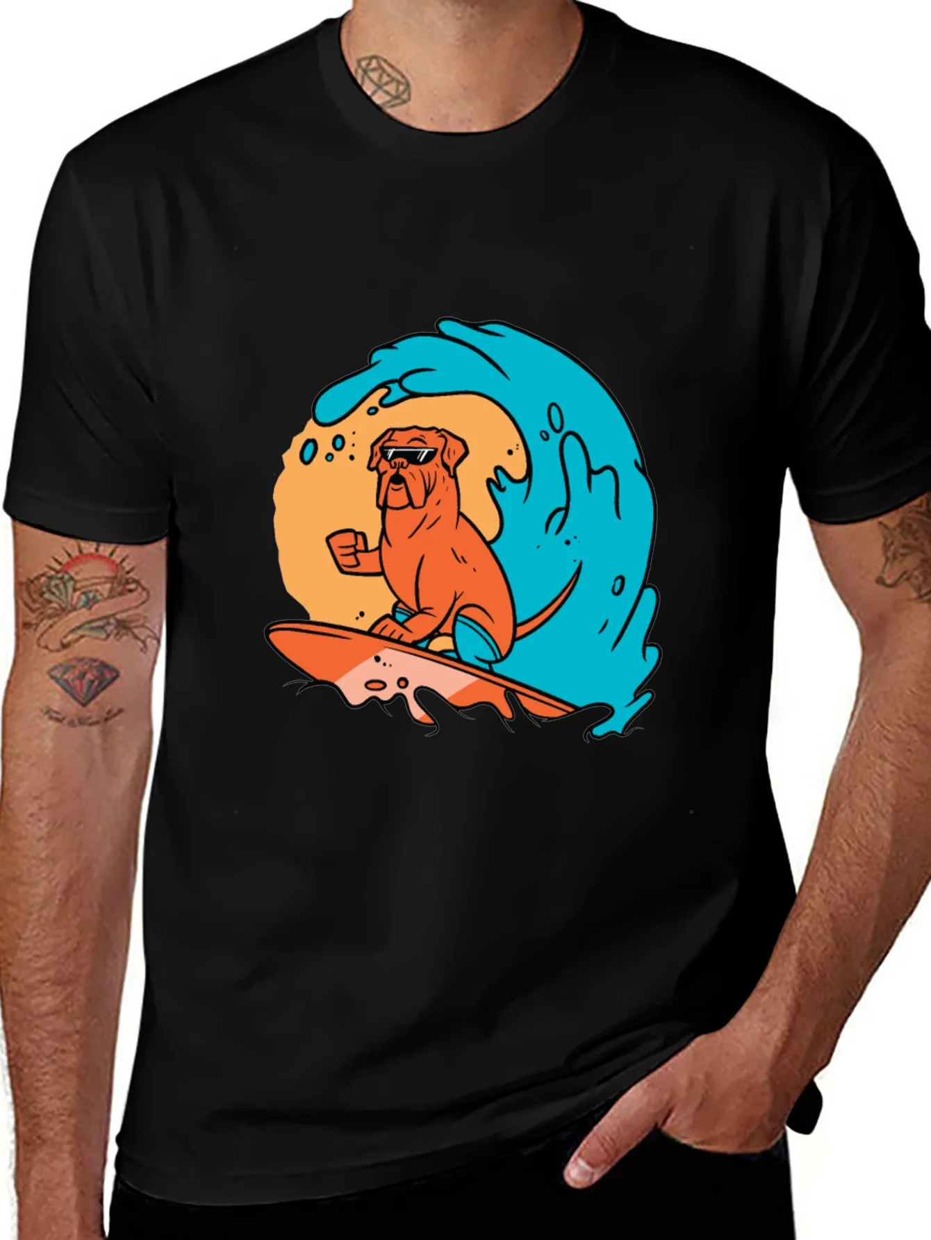 Surfing Dog Graphic Tee - Black Cotton T-Shirt