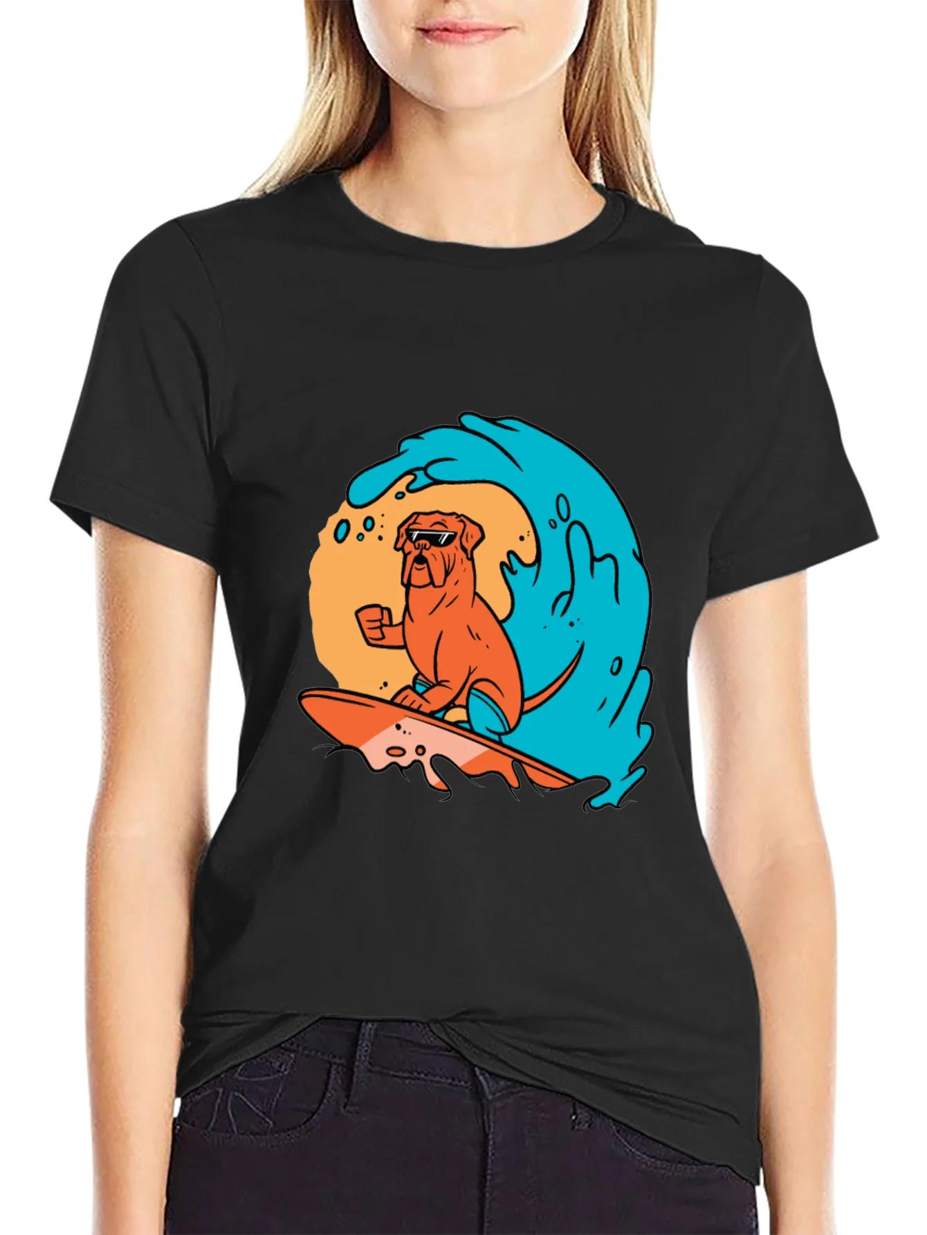 Surfing Dog Graphic Tee - Black Cotton T-Shirt