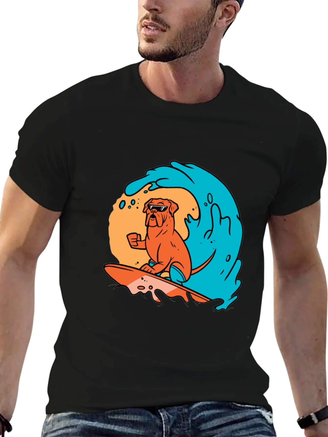 Surfing Dog Graphic Tee - Black Cotton T-Shirt