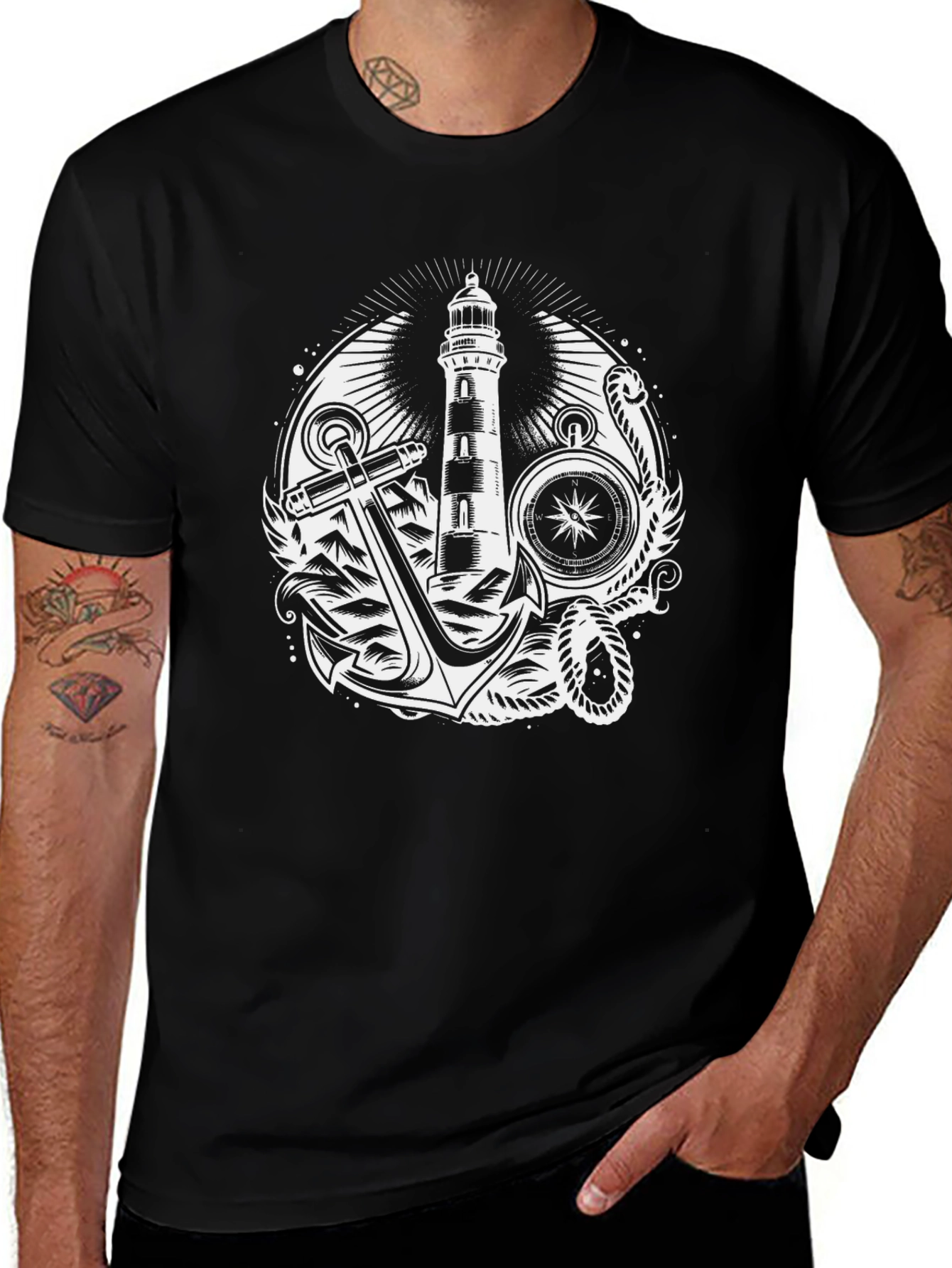 Nautical Lighthouse Anchor Graphic T-Shirt