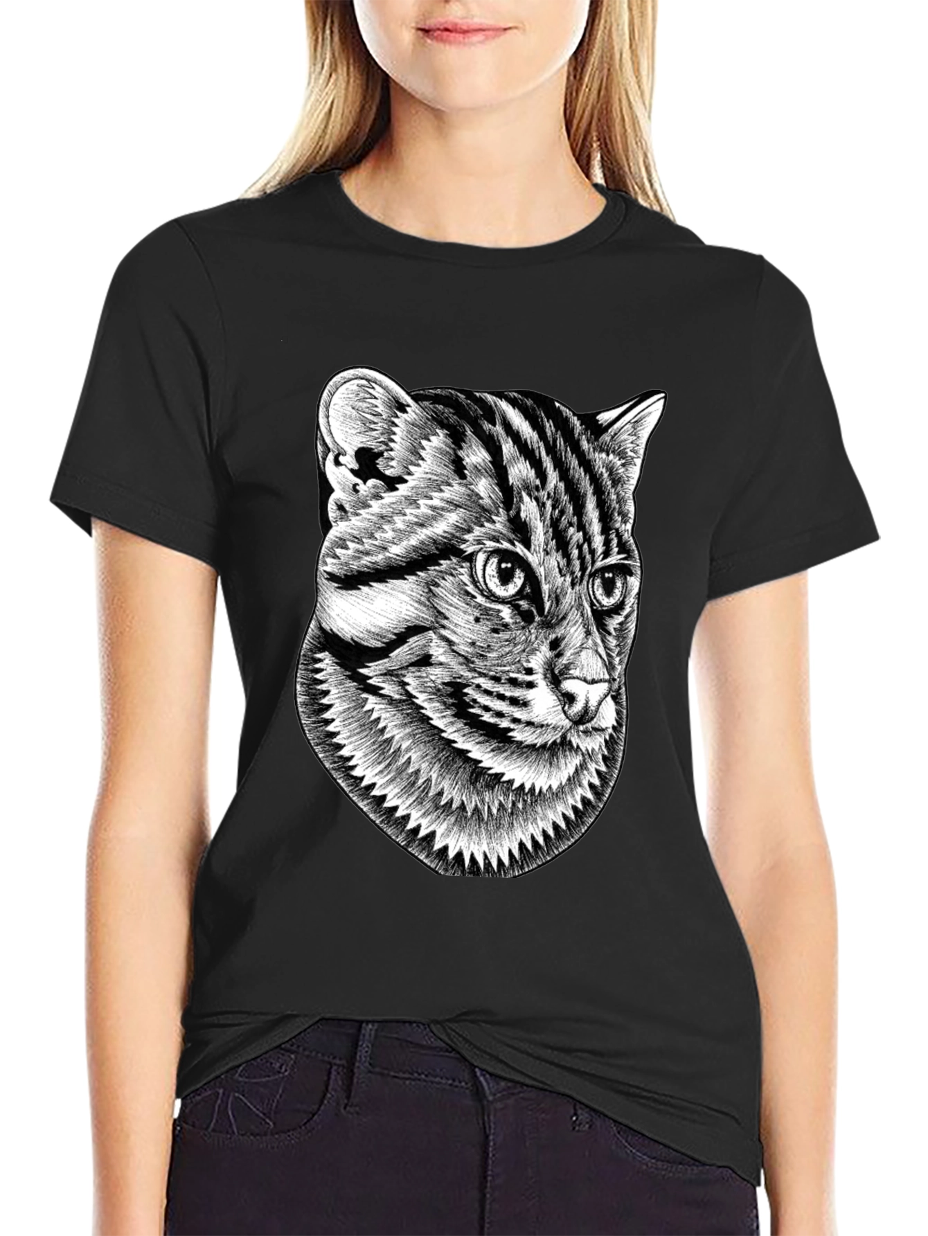 Graphic Black T-Shirt - Cat Illustration