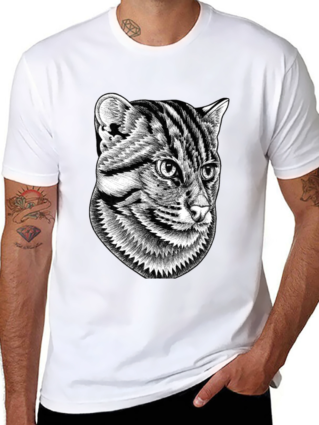 Graphic Black T-Shirt - Cat Illustration