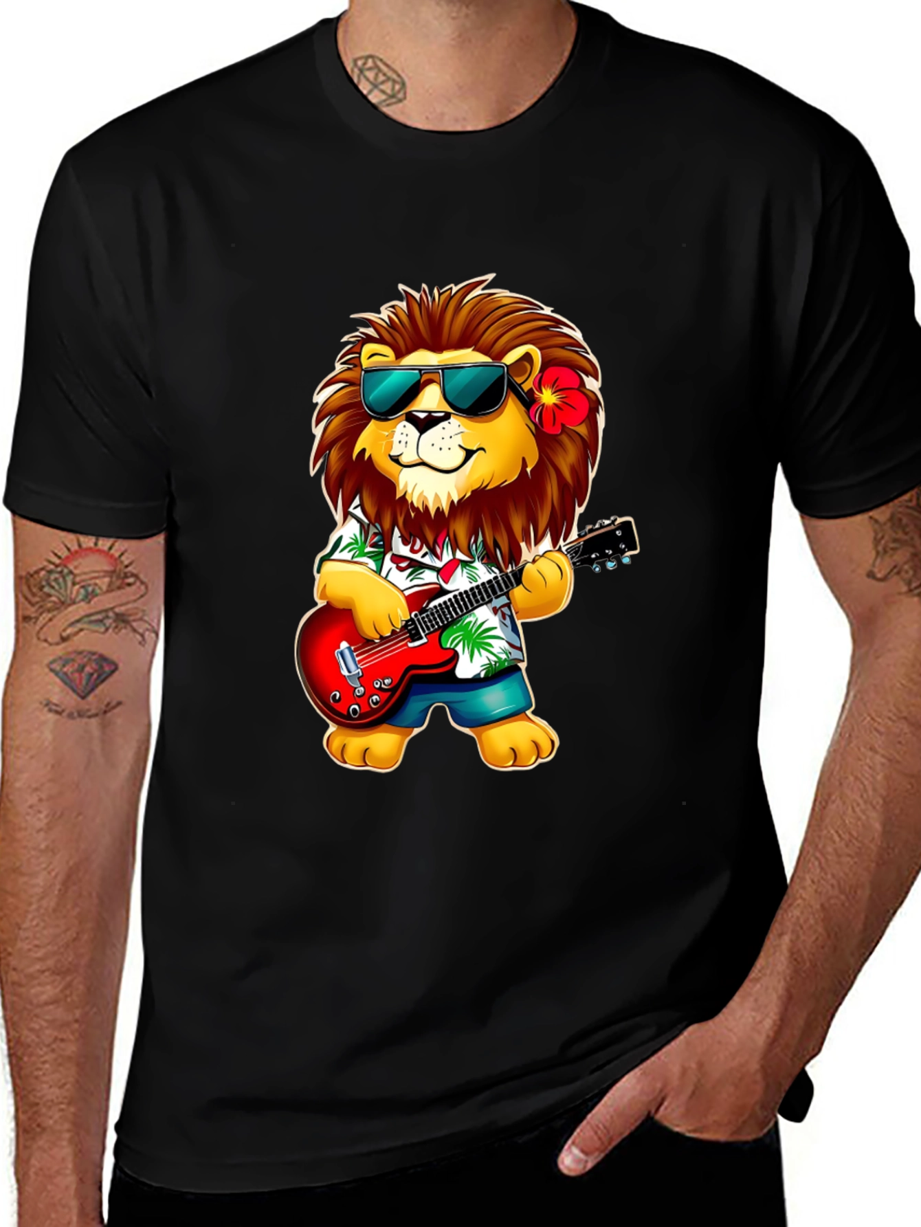 Lion Guitarist Graphic Tee - Cool Novelty Shirt