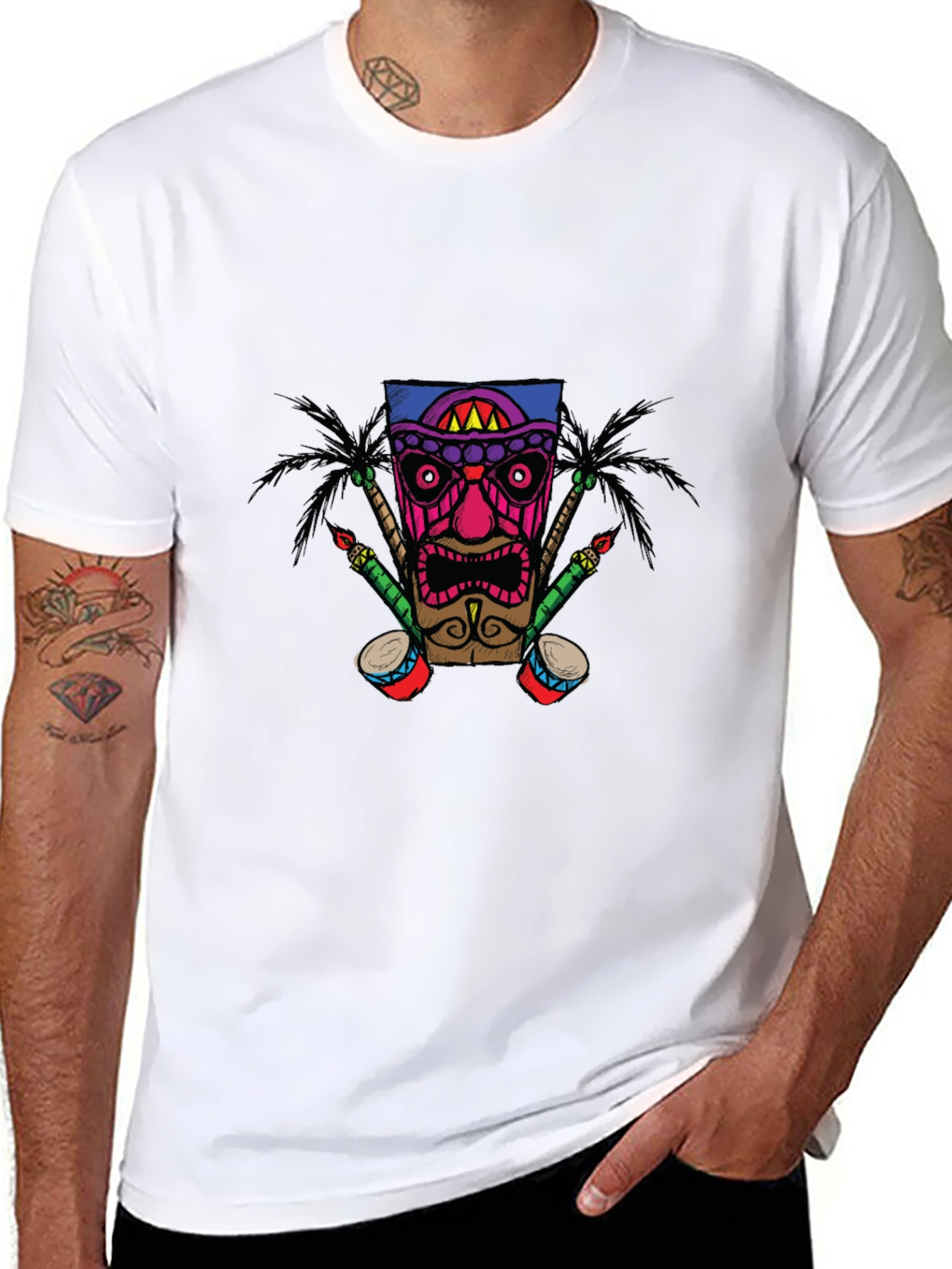 Tiki Mask Graphic Print Black T-Shirt