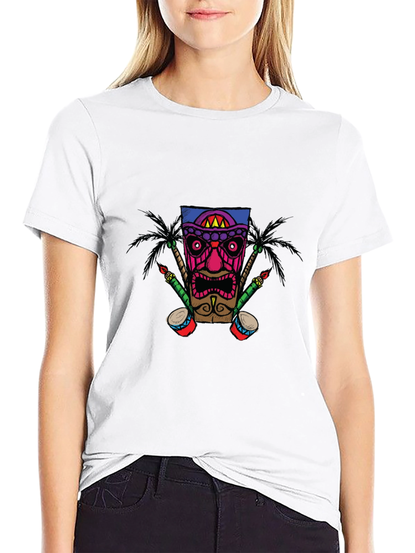 Tiki Mask Graphic Print Black T-Shirt