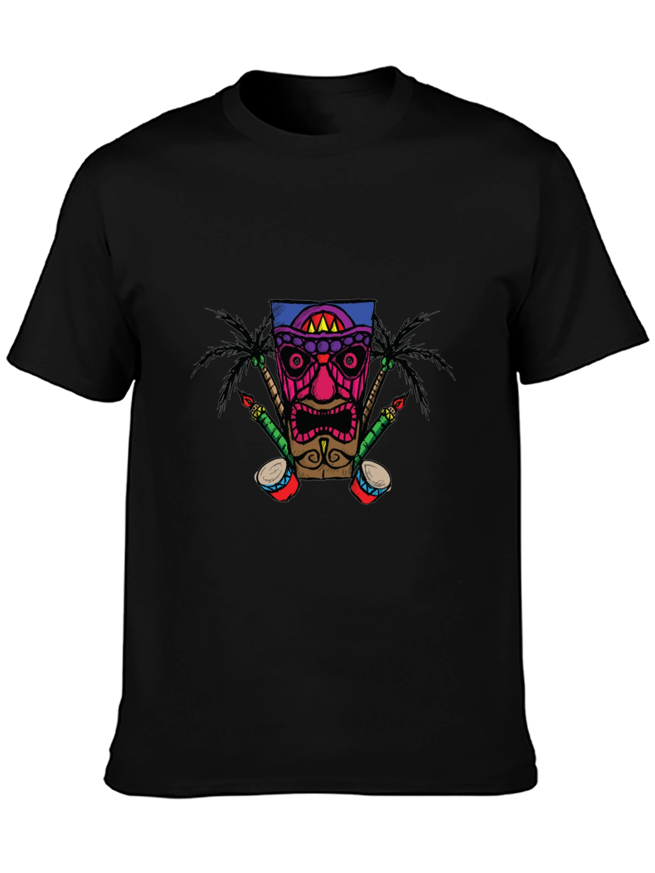 Tiki Mask Graphic Print Black T-Shirt