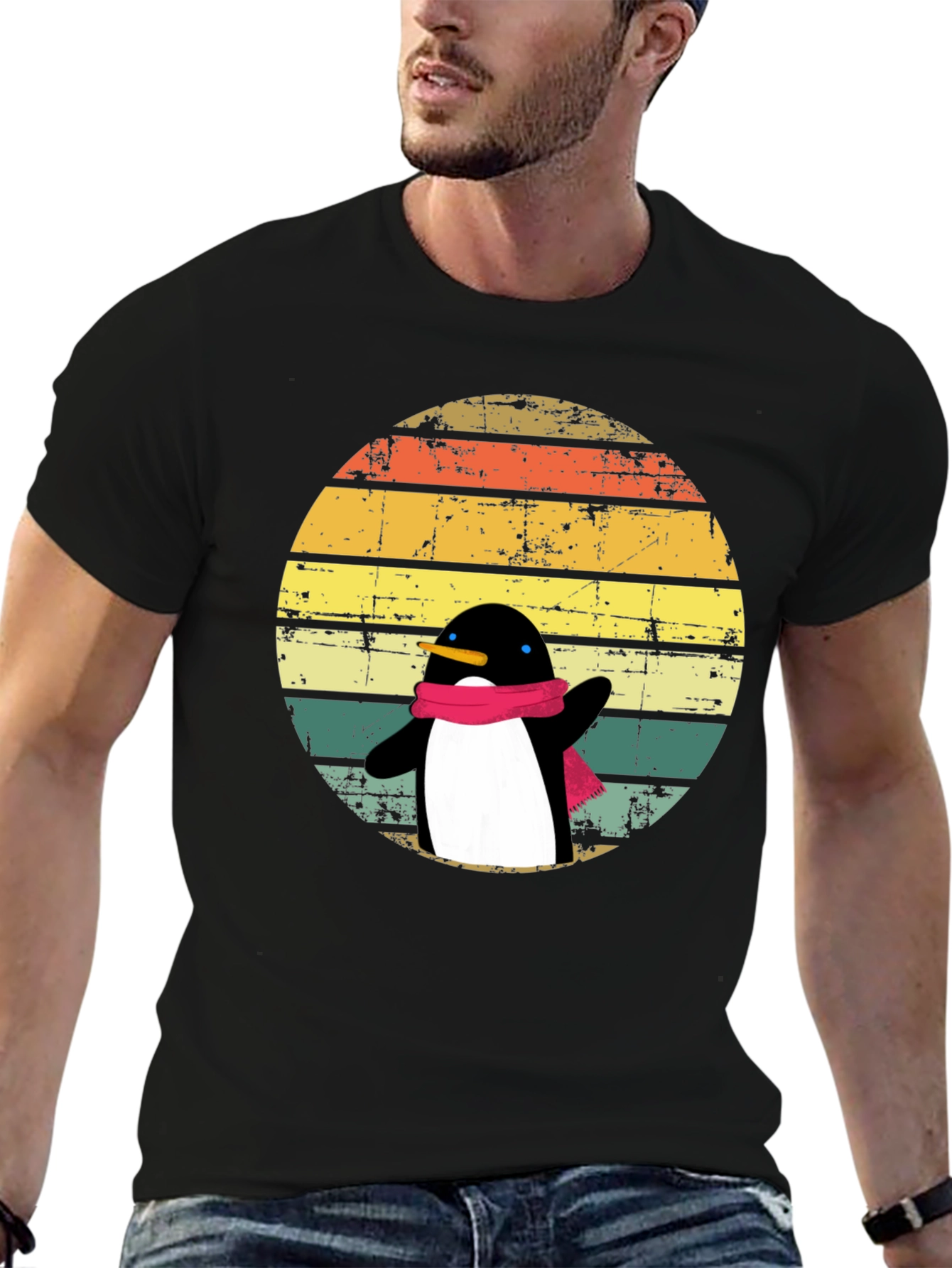 Penguin Dab T-Shirt: Retro Sunset Design