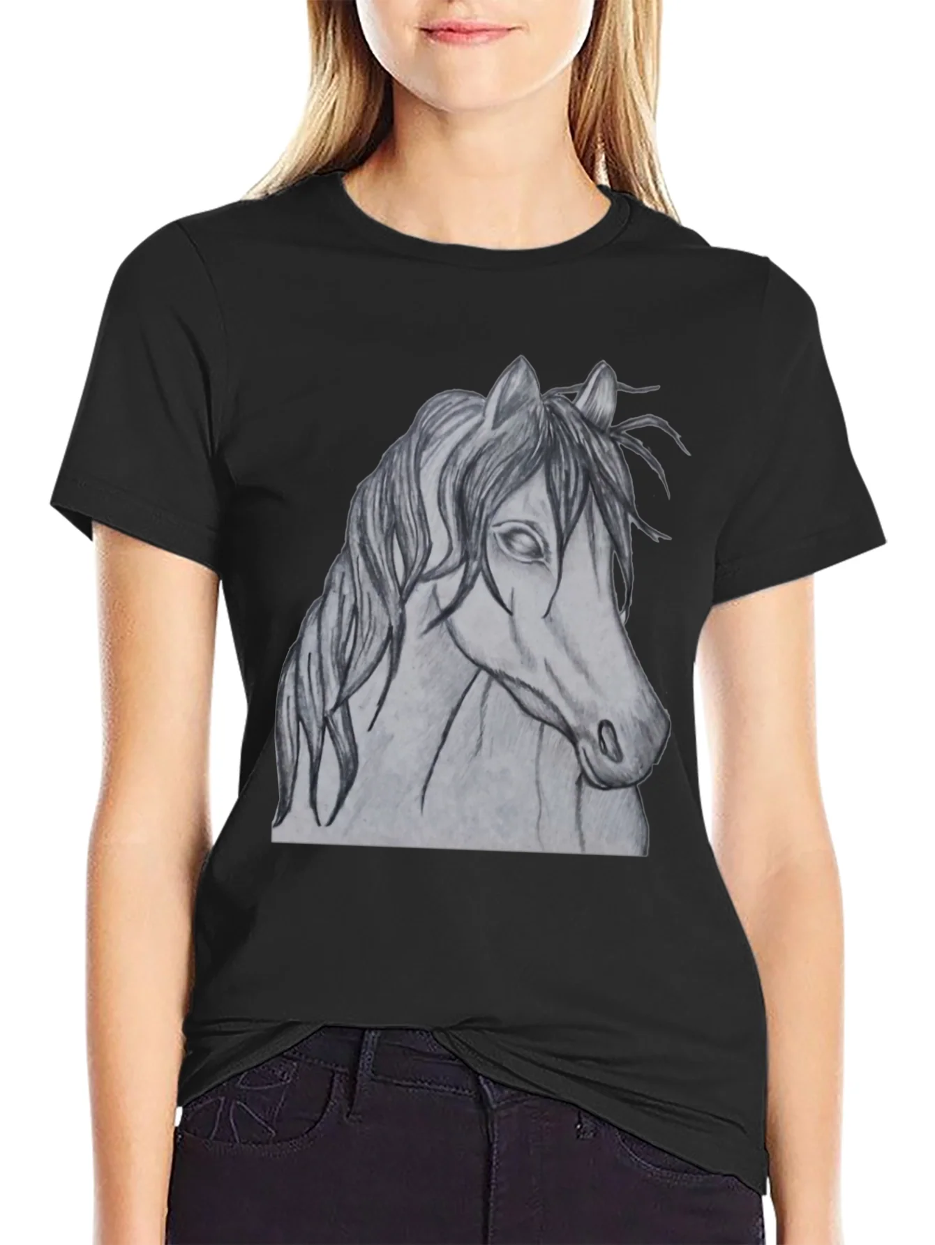 Horse Sketch Graphic T-Shirt - Black