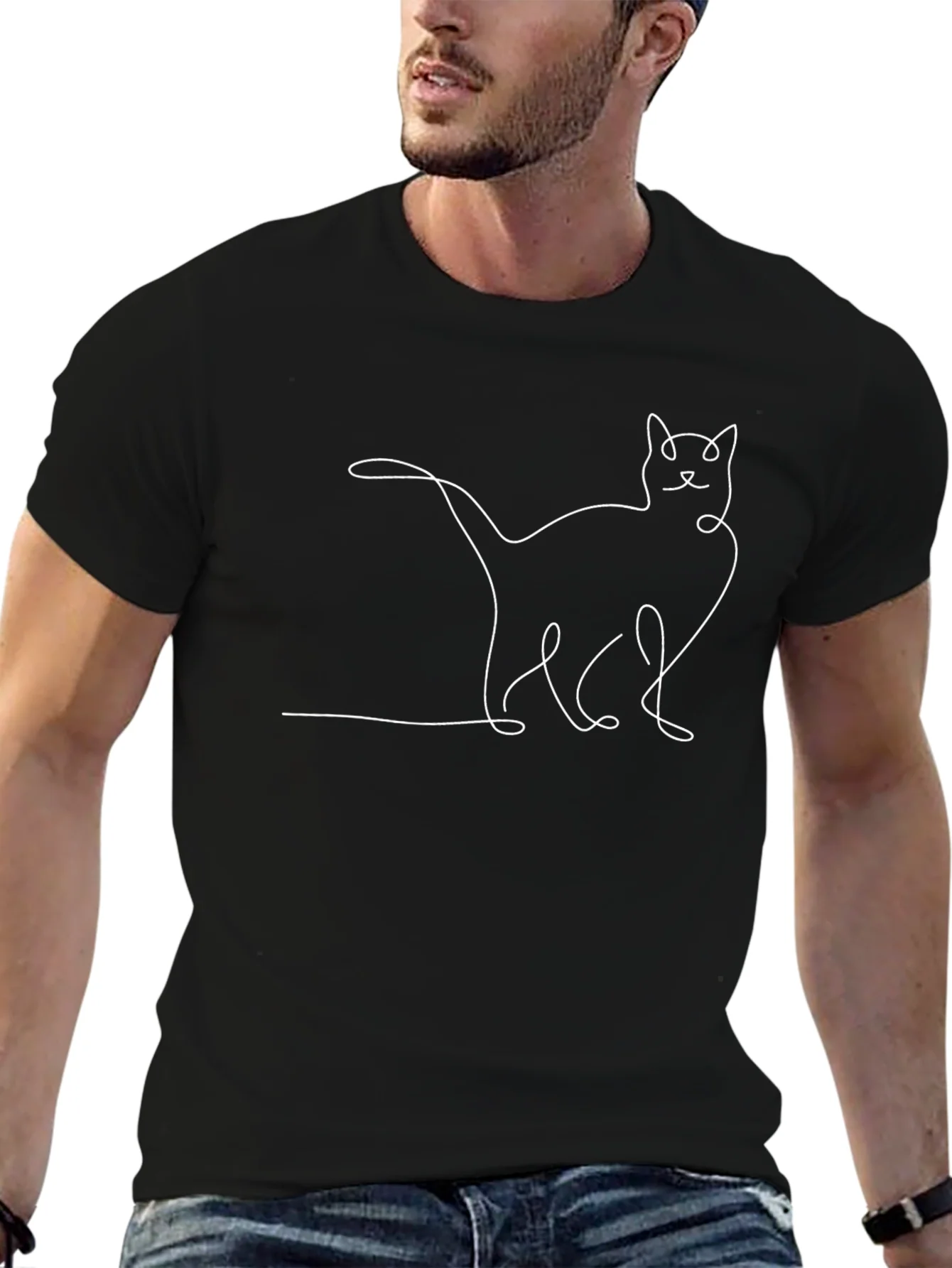 Minimalist Cat Outline Black Graphic Tee