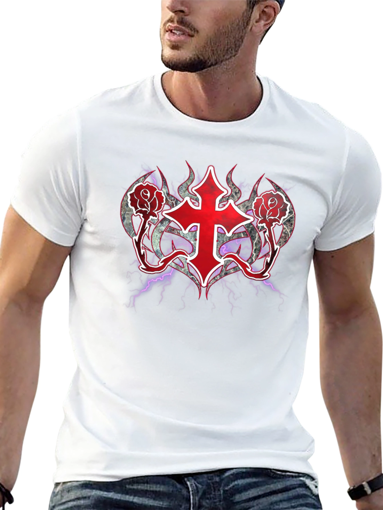 Gothic Cross & Roses T-Shirt - Dark Aesthetic