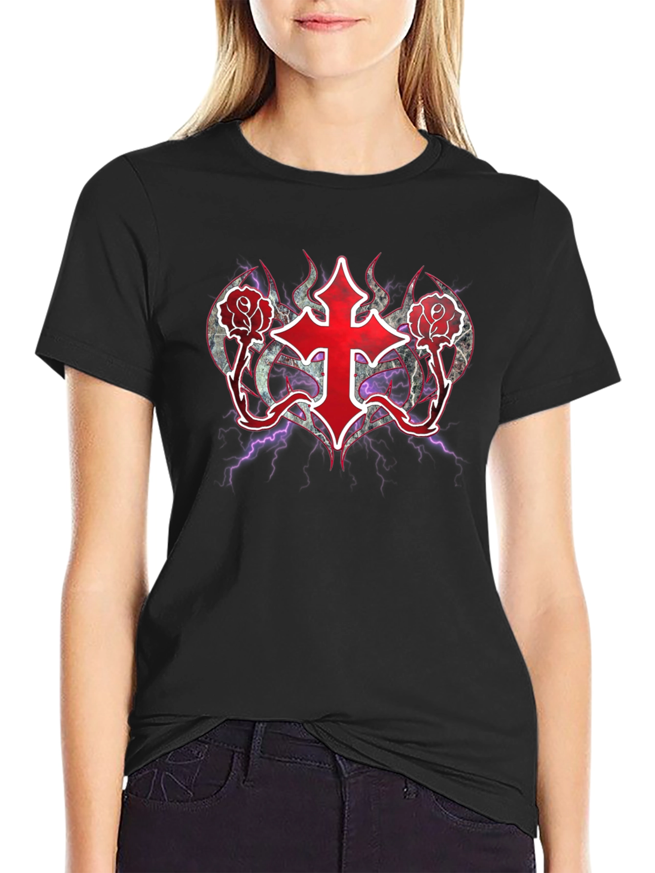 Gothic Cross & Roses T-Shirt - Dark Aesthetic