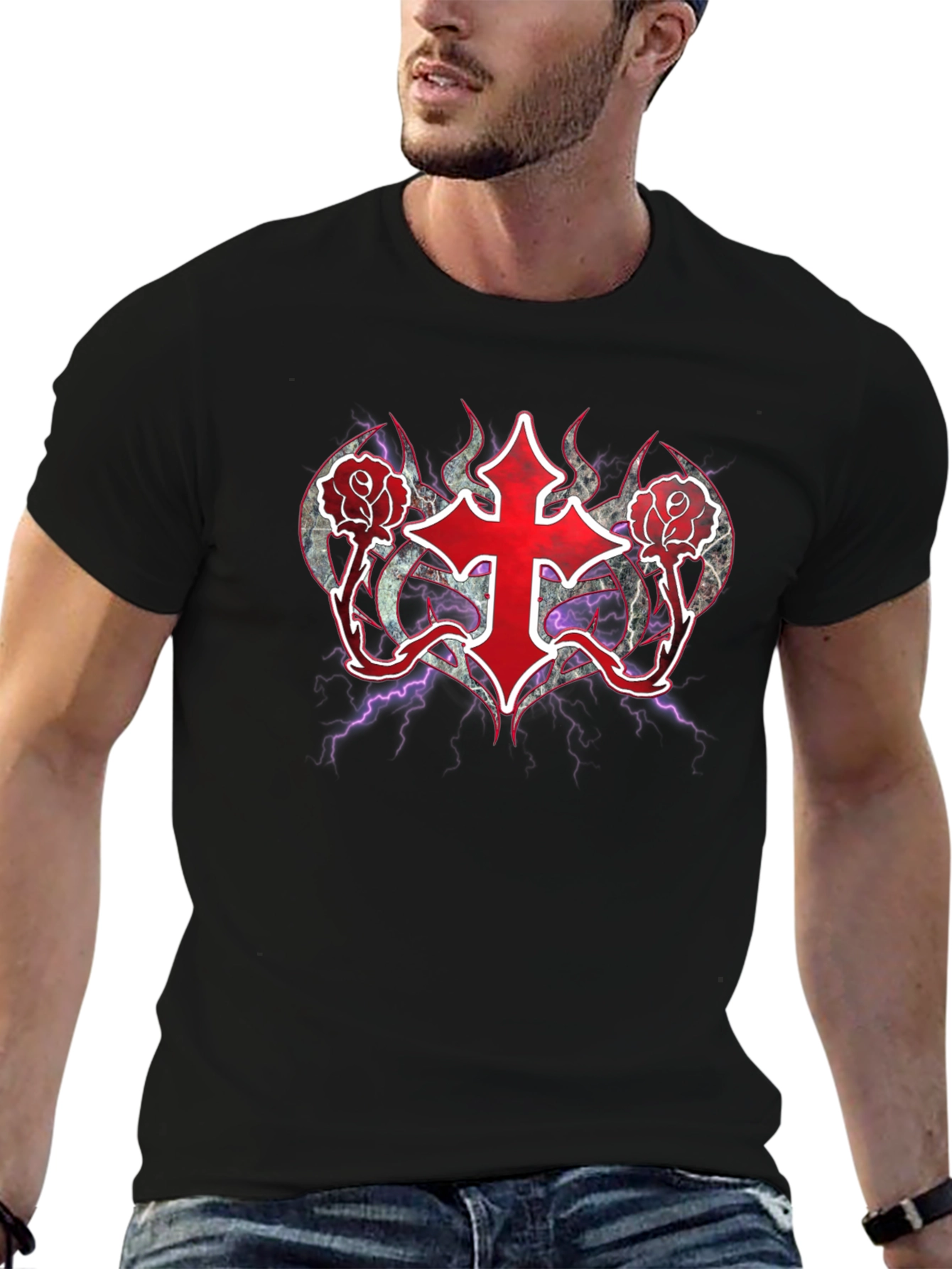Gothic Cross & Roses T-Shirt - Dark Aesthetic
