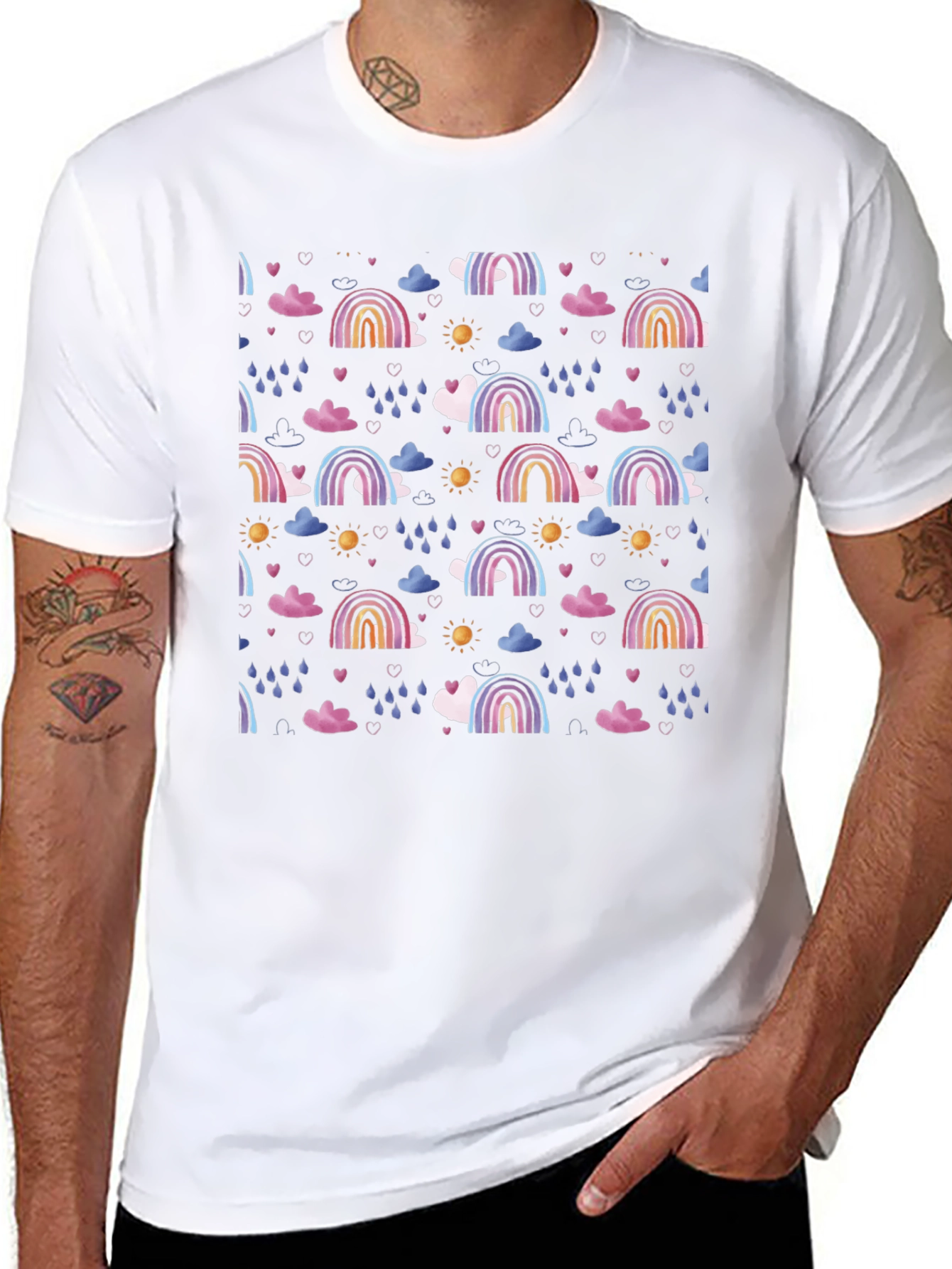 Rainbow Cloud Pattern Black T-Shirt