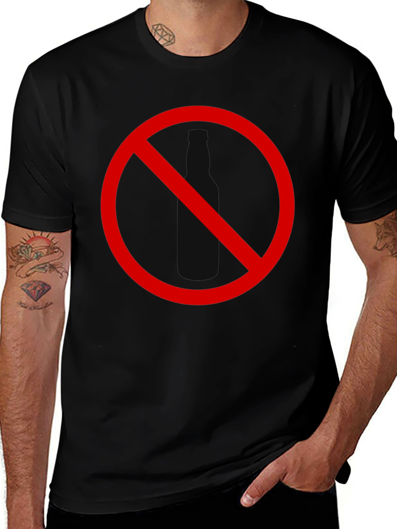 No Alcohol T-Shirt - Black Crew Neck Novelty Tee