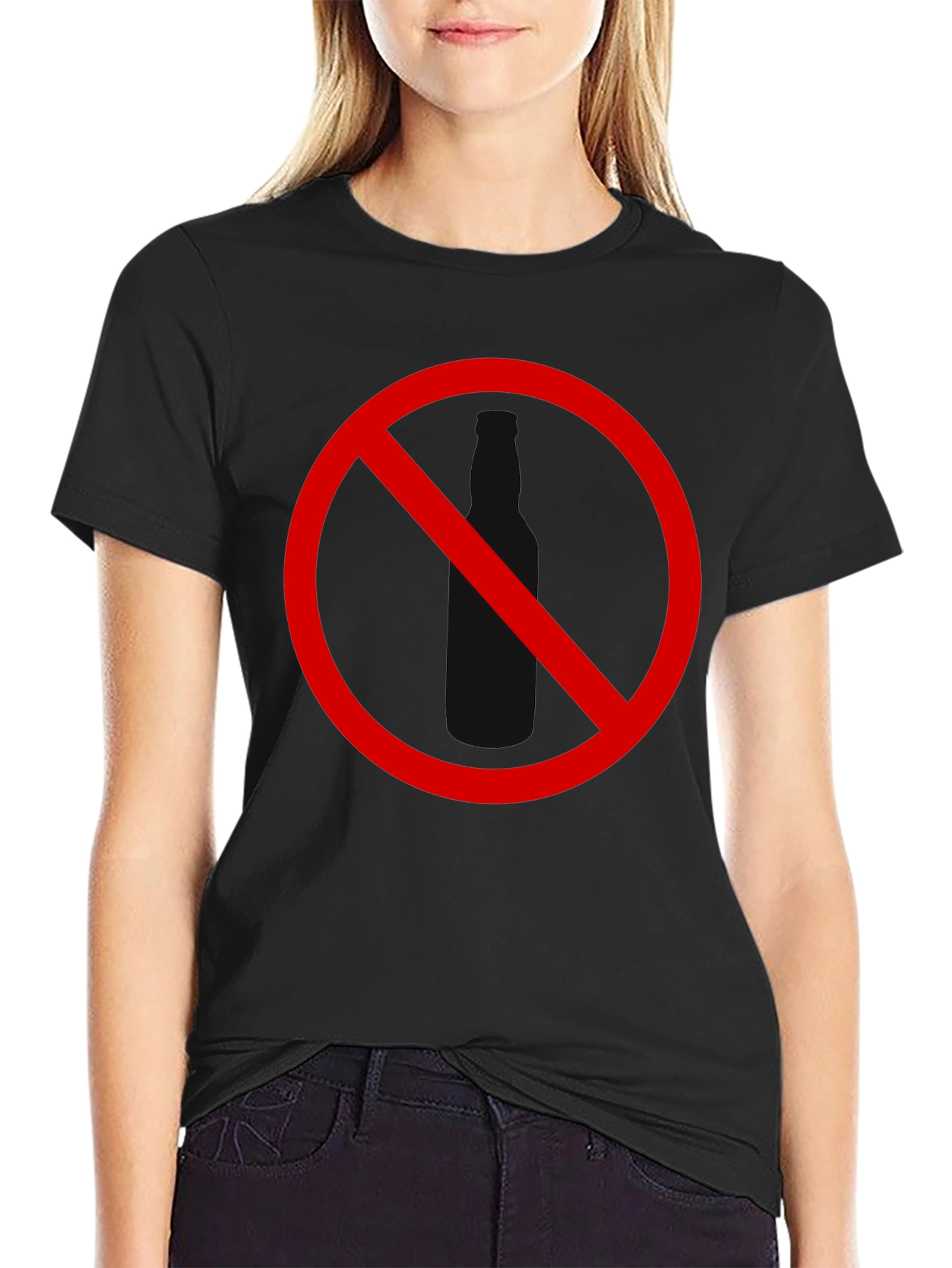 No Alcohol T-Shirt - Black Crew Neck Novelty Tee