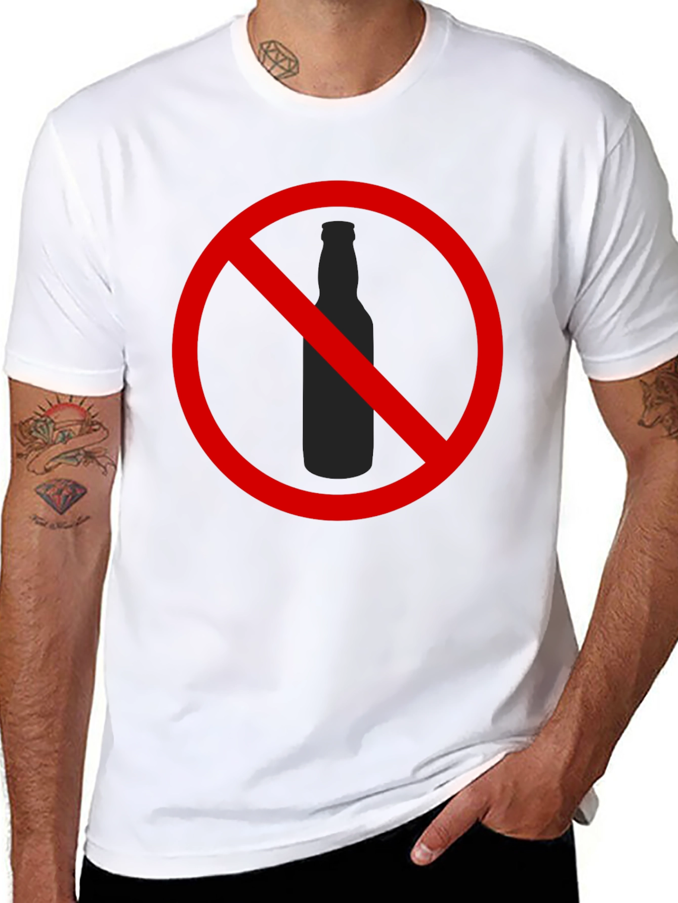 No Alcohol T-Shirt - Black Crew Neck Novelty Tee