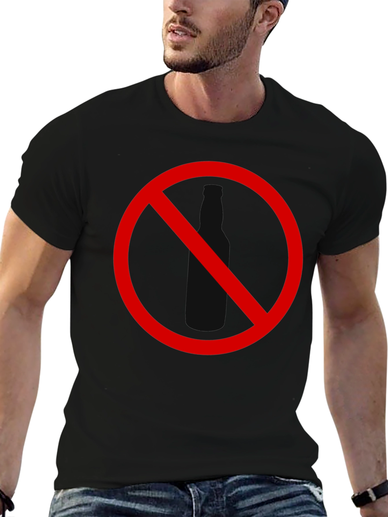 No Alcohol T-Shirt - Black Crew Neck Novelty Tee