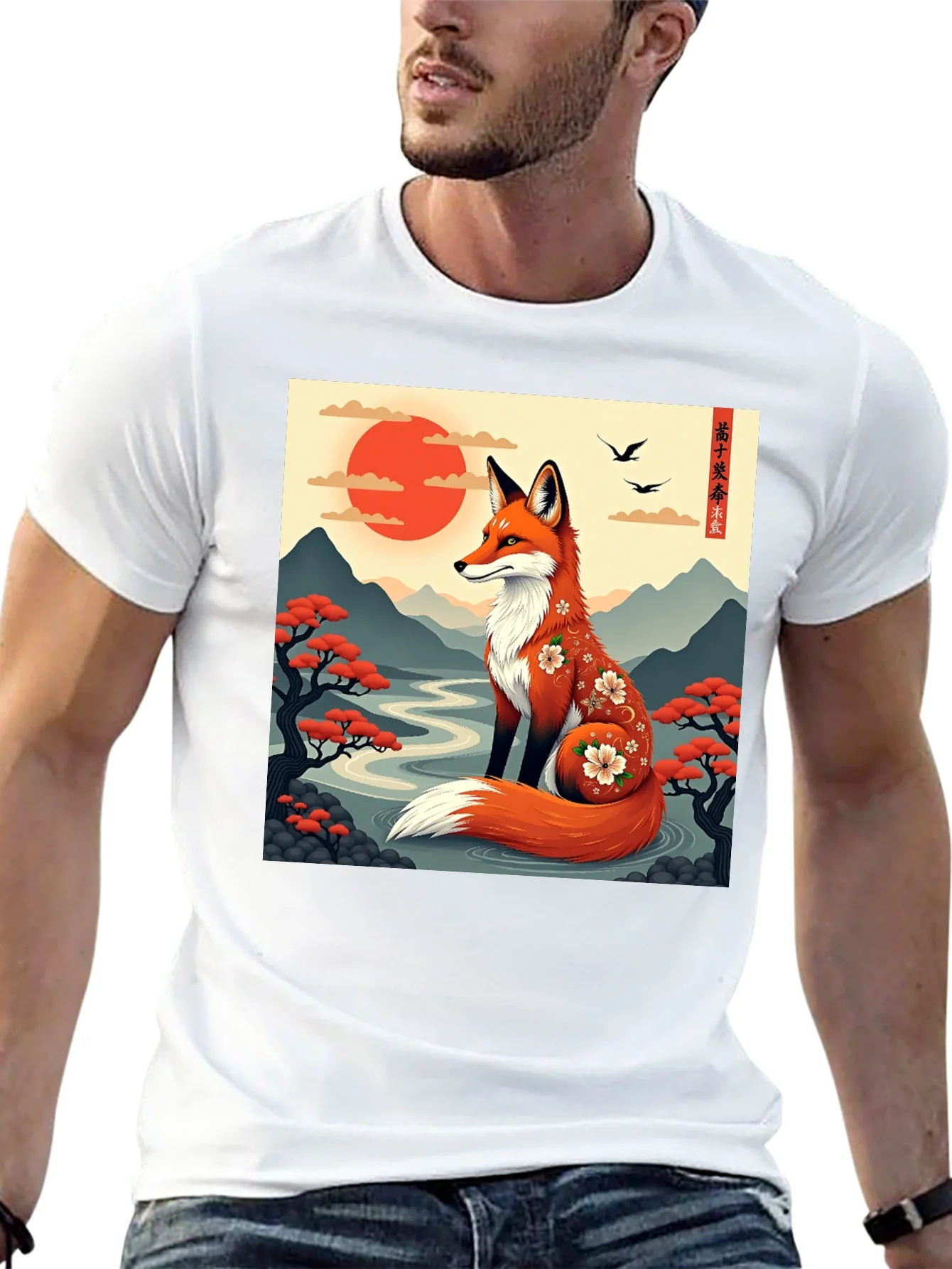 Fox Art T-Shirt: Japanese Mountain Landscape
