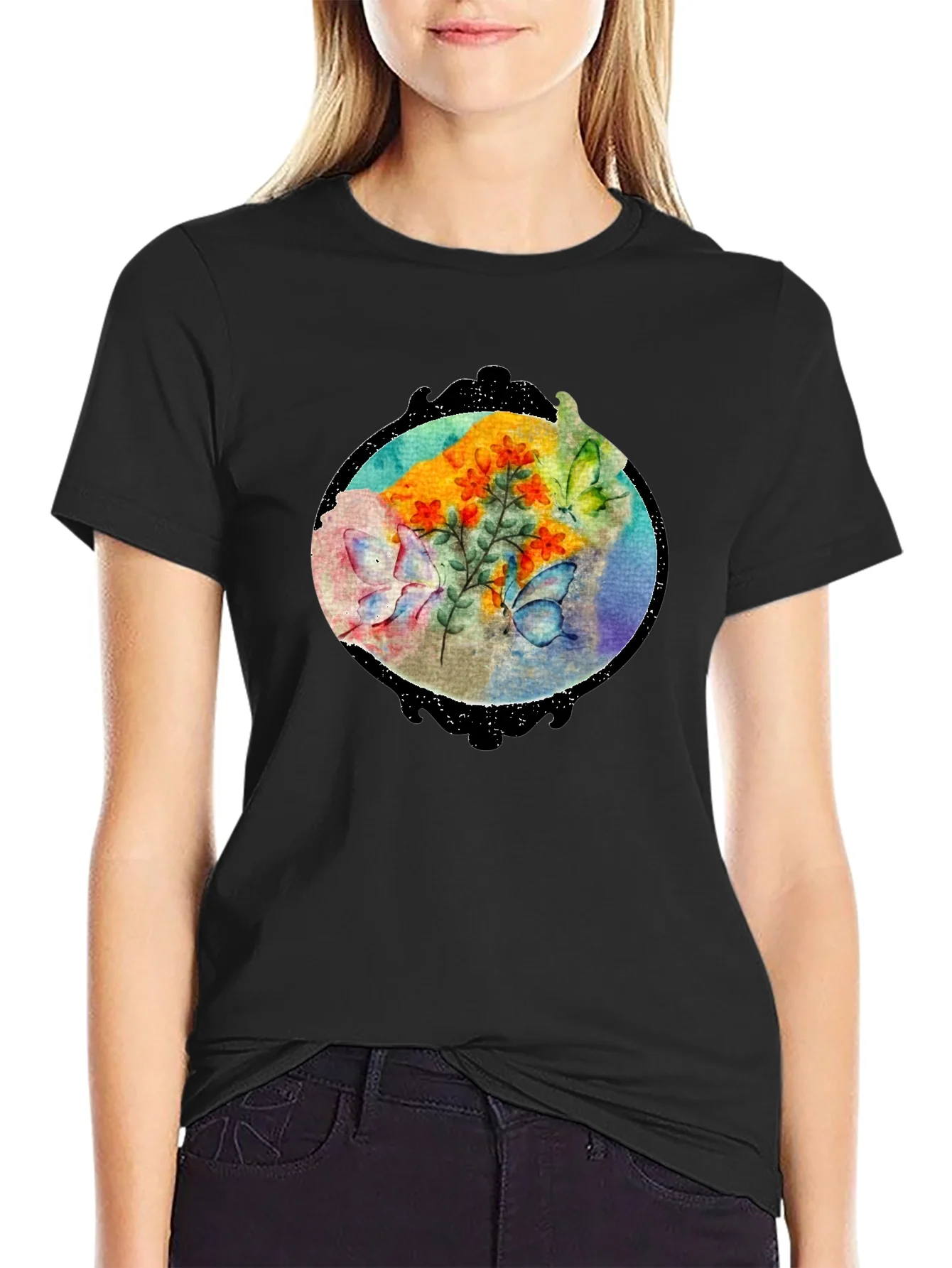 Butterfly Floral Black T-Shirt