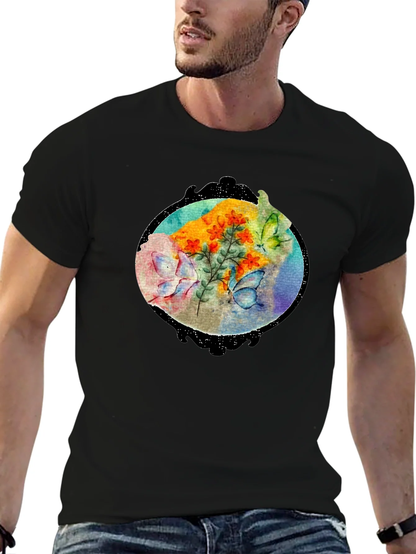 Butterfly Floral Black T-Shirt