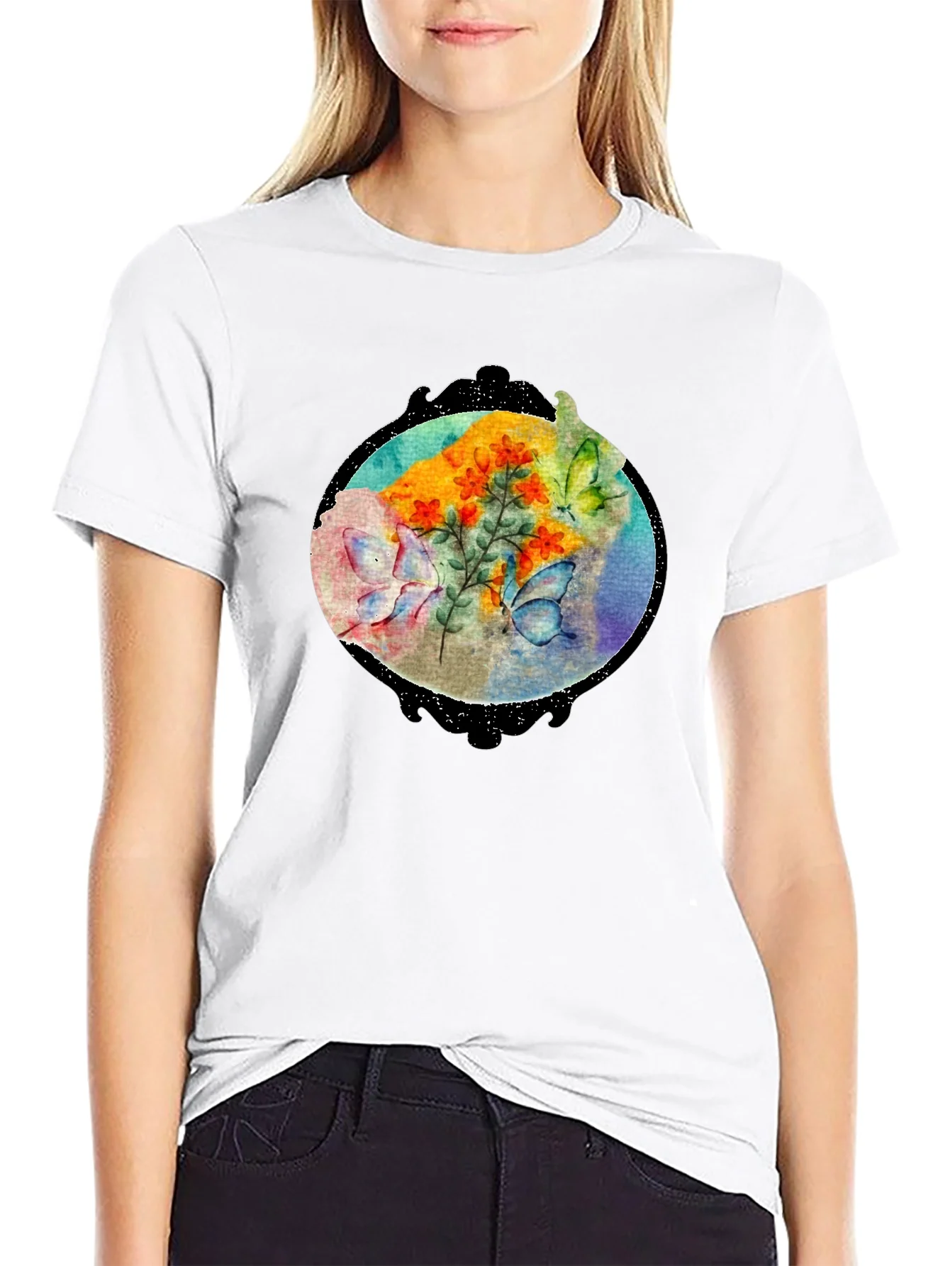 Butterfly Floral Black T-Shirt