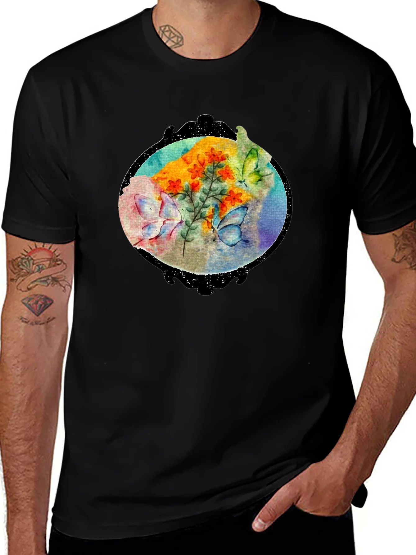 Butterfly Floral Black T-Shirt