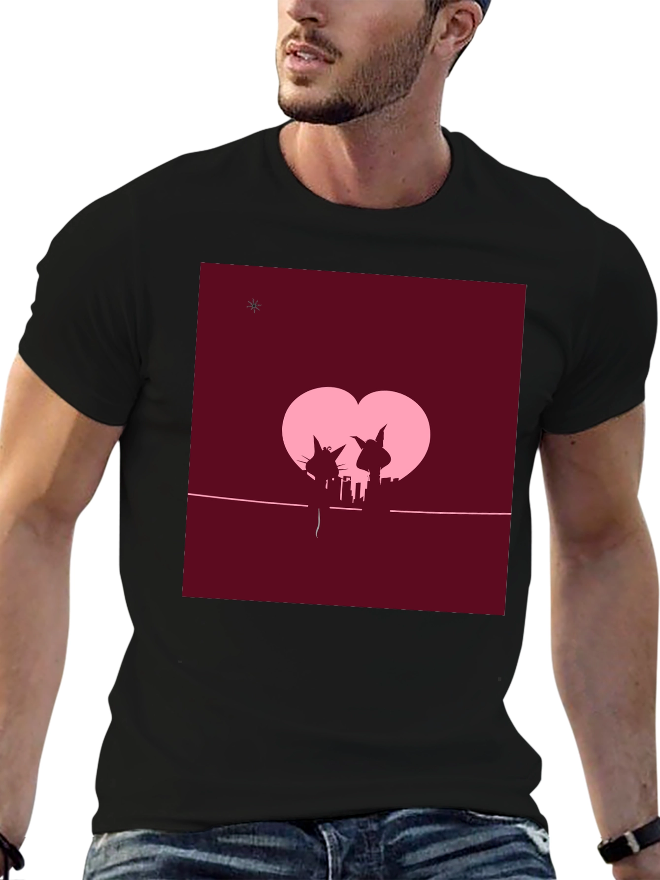 Whimsical Cat Couple T-Shirt - Romantic City Silhouette