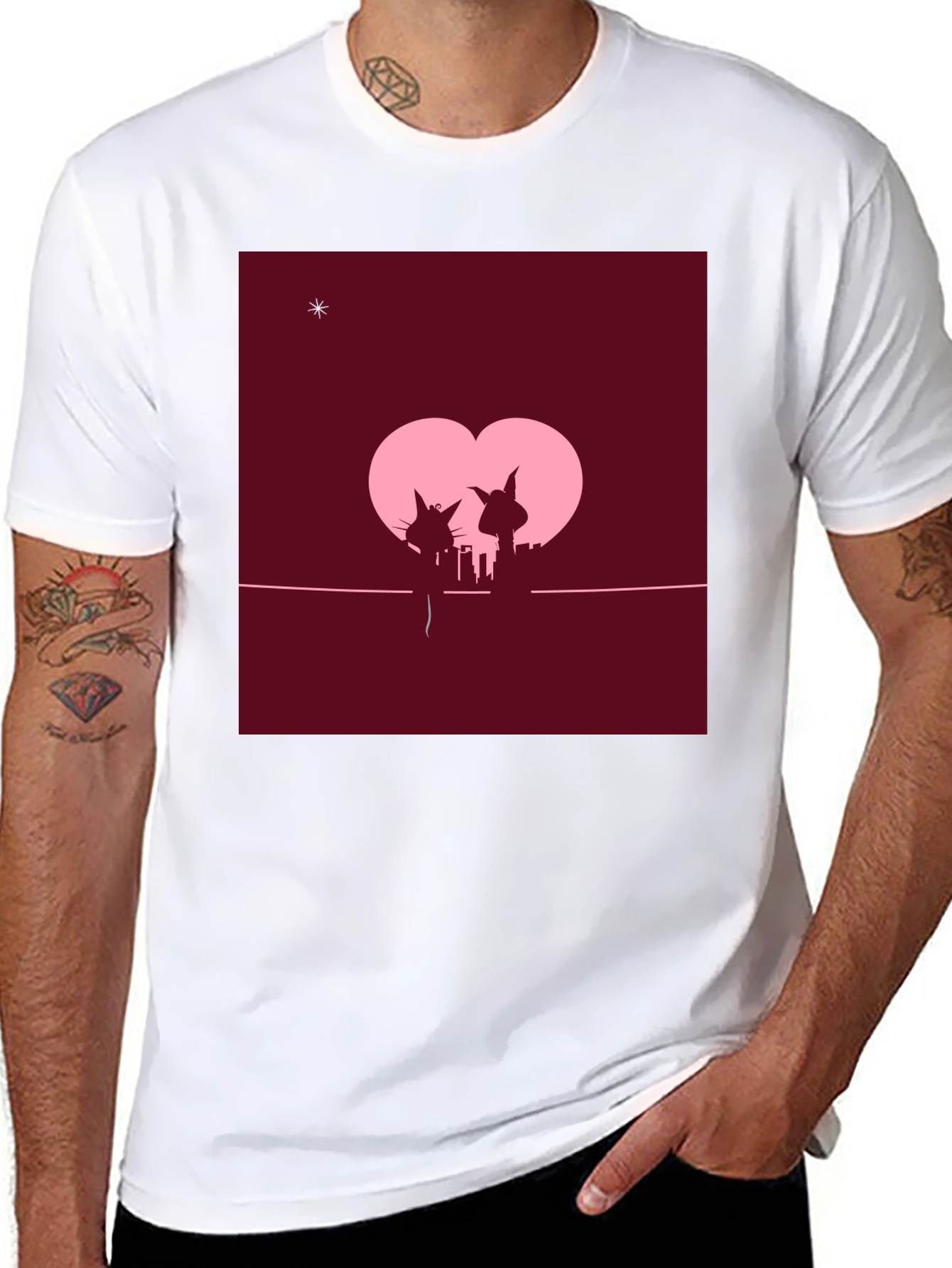 Whimsical Cat Couple T-Shirt - Romantic City Silhouette
