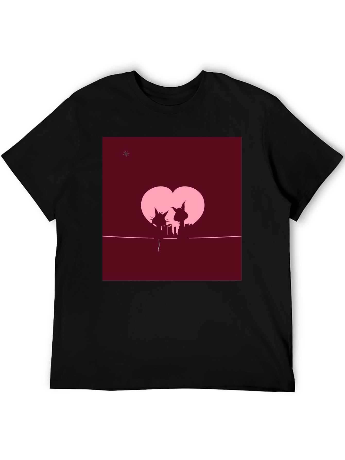 Whimsical Cat Couple T-Shirt - Romantic City Silhouette