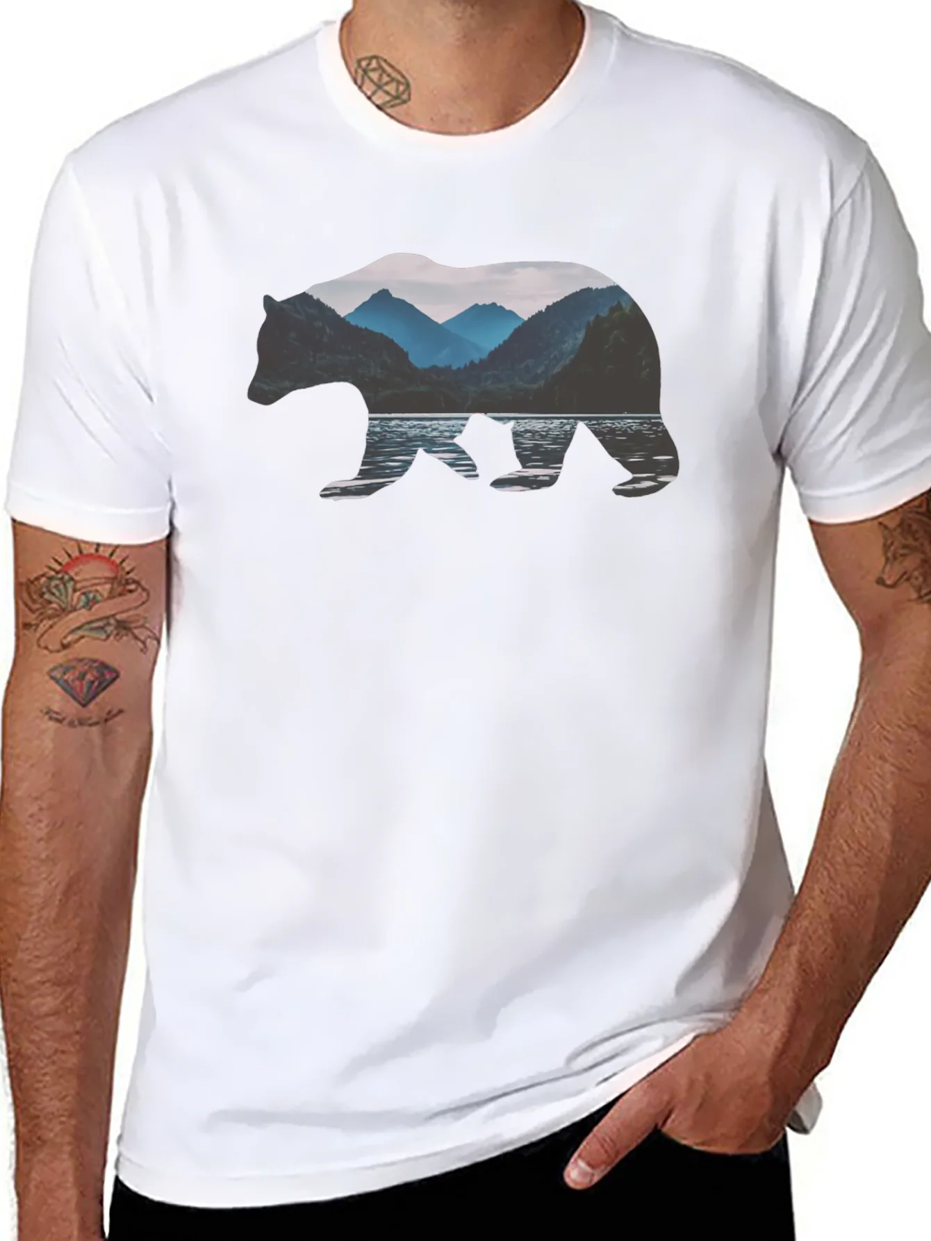 Bear Silhouette Mountain Lake Graphic Tee