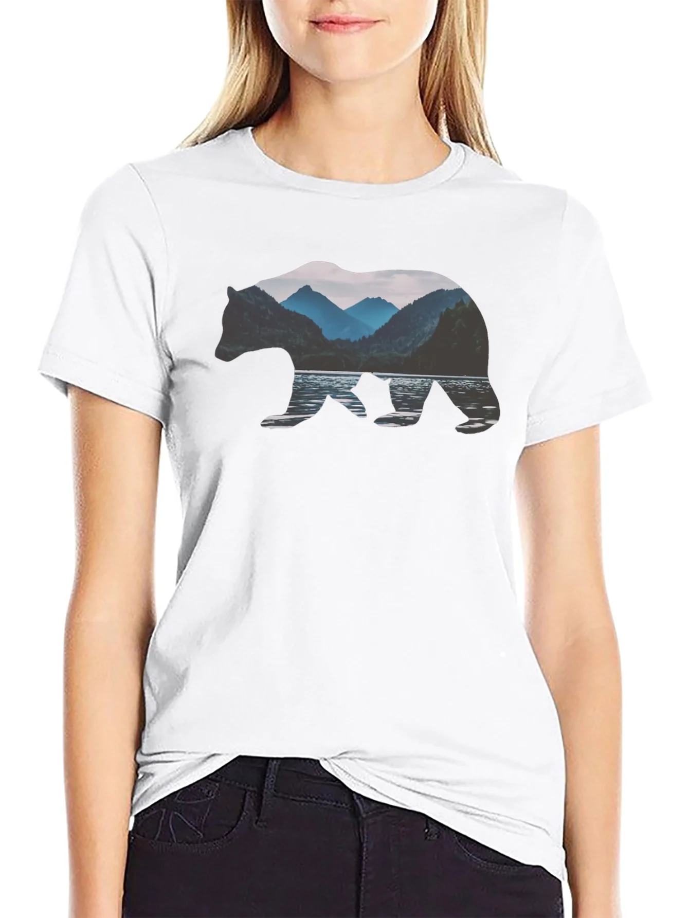 Bear Silhouette Mountain Lake Graphic Tee
