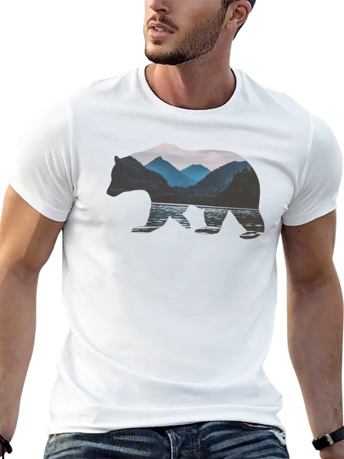 Bear Silhouette Mountain Lake Graphic Tee