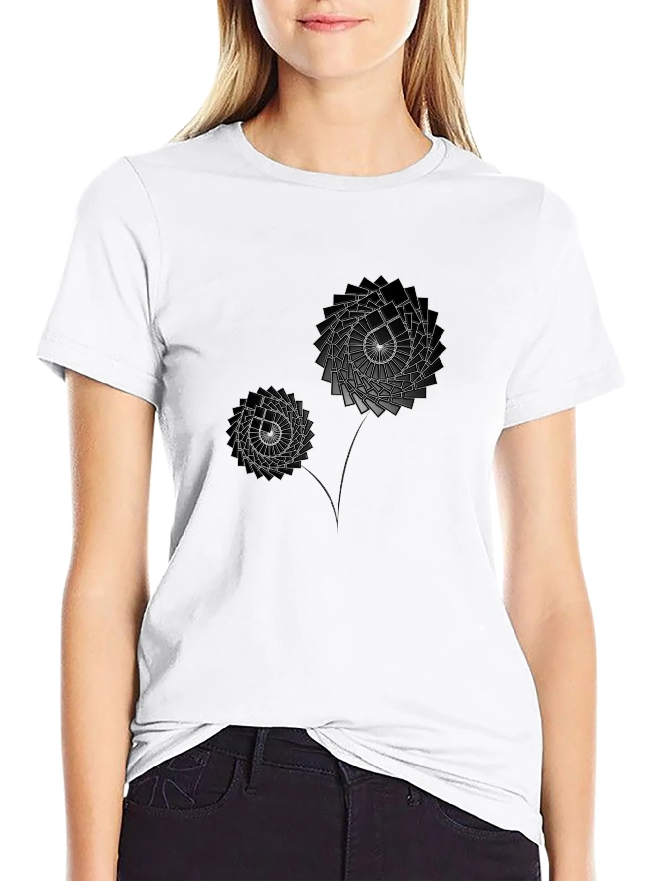 Geometric Flower Graphic Print Black T-Shirt