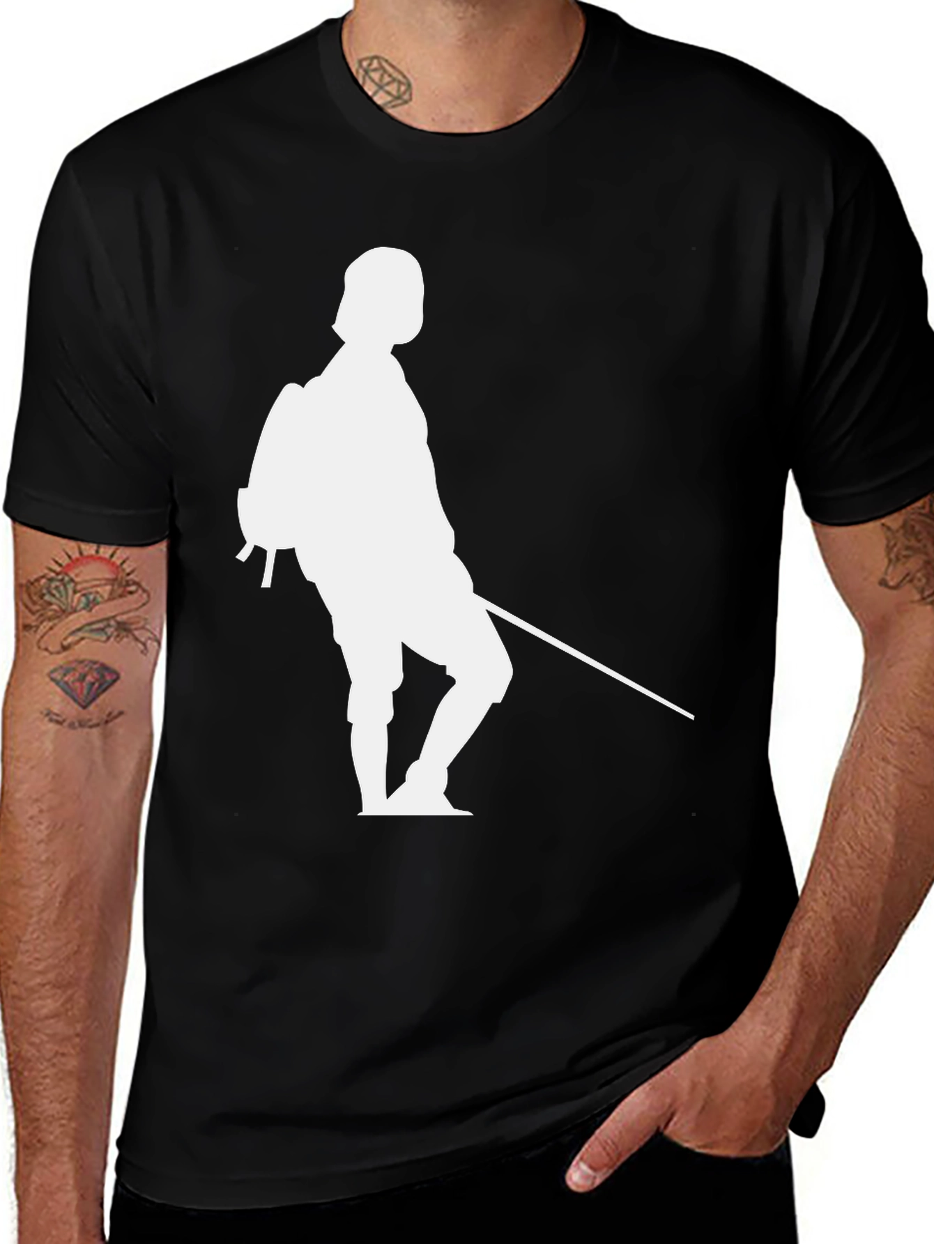 Black T-Shirt with White Fencing Silhouette Graphic