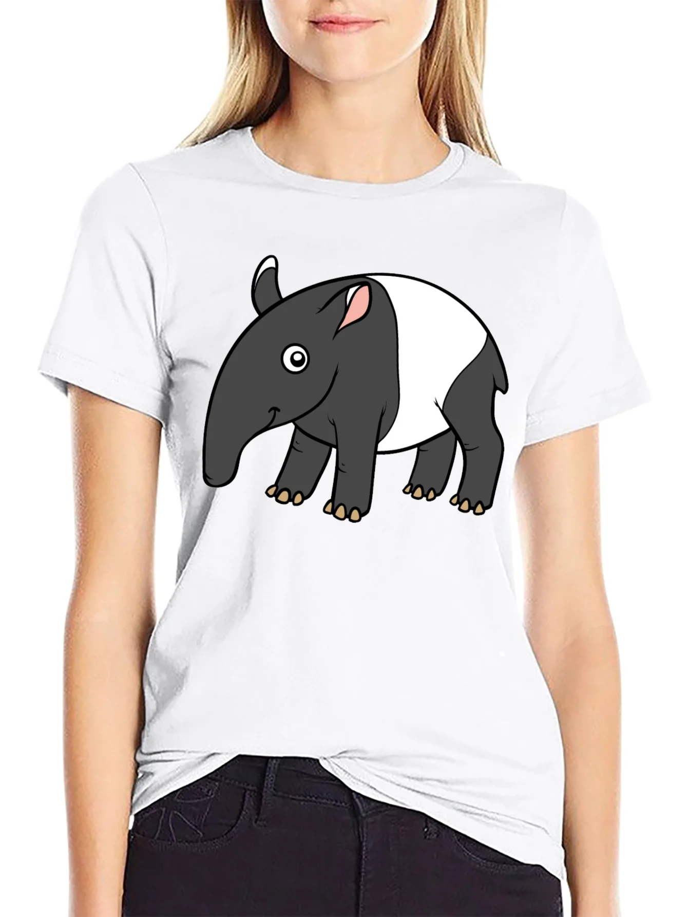 Cartoon Tapir Graphic Tee - Black Casual T-Shirt
