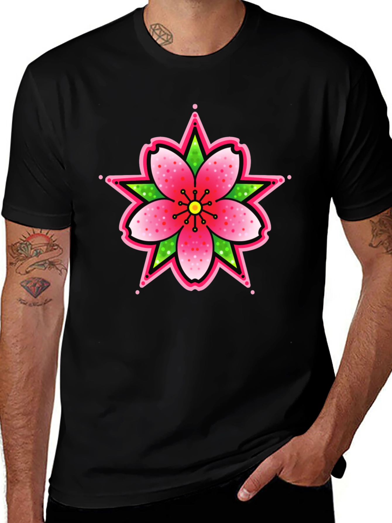 Black T-Shirt with Floral Tattoo Style Graphic
