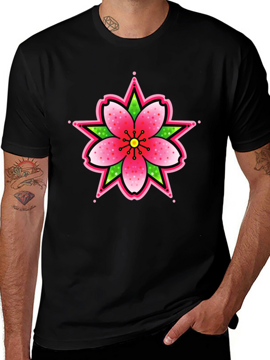 Black T-Shirt with Floral Tattoo Style Graphic