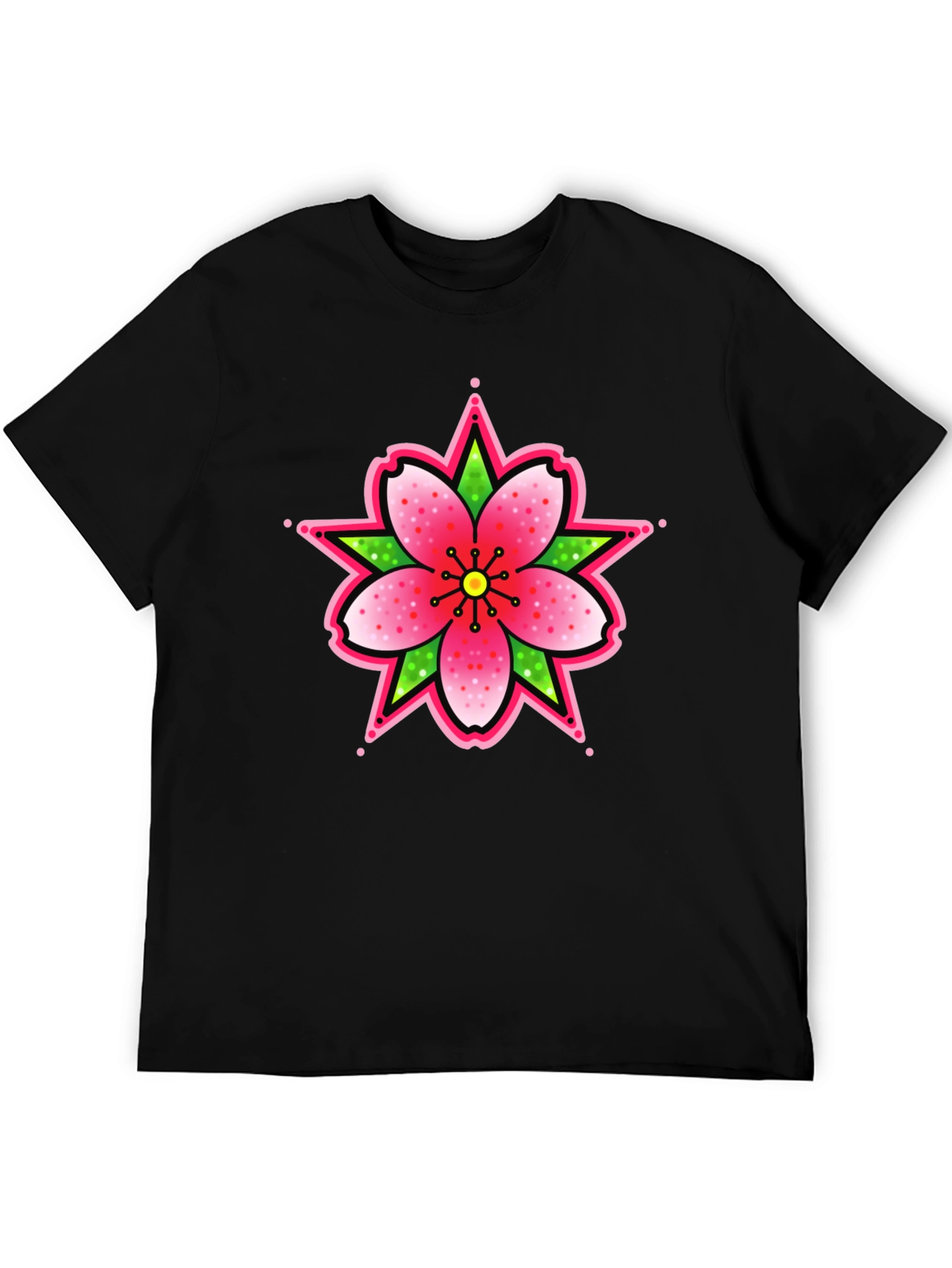 Black T-Shirt with Floral Tattoo Style Graphic