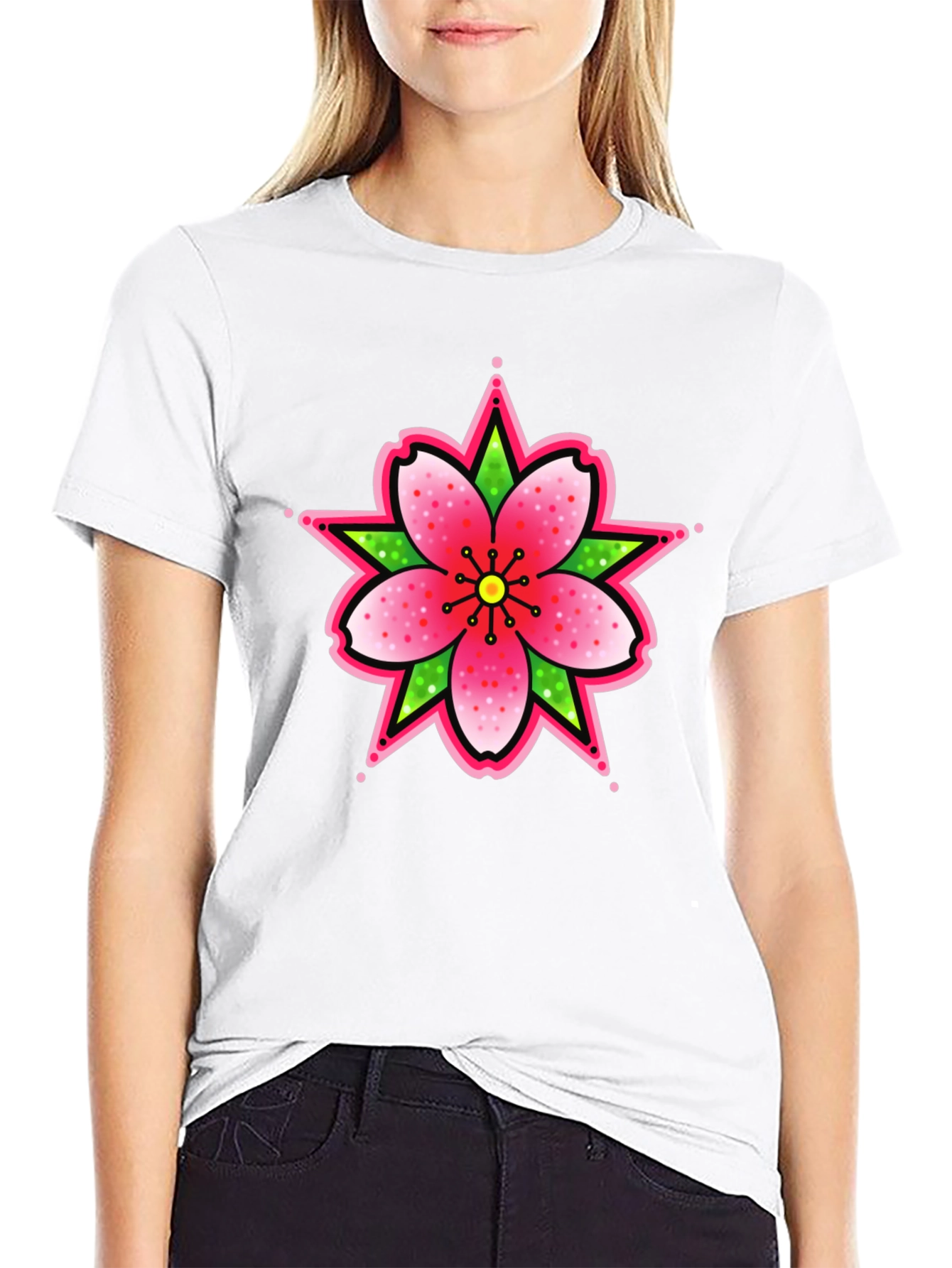 Black T-Shirt with Floral Tattoo Style Graphic