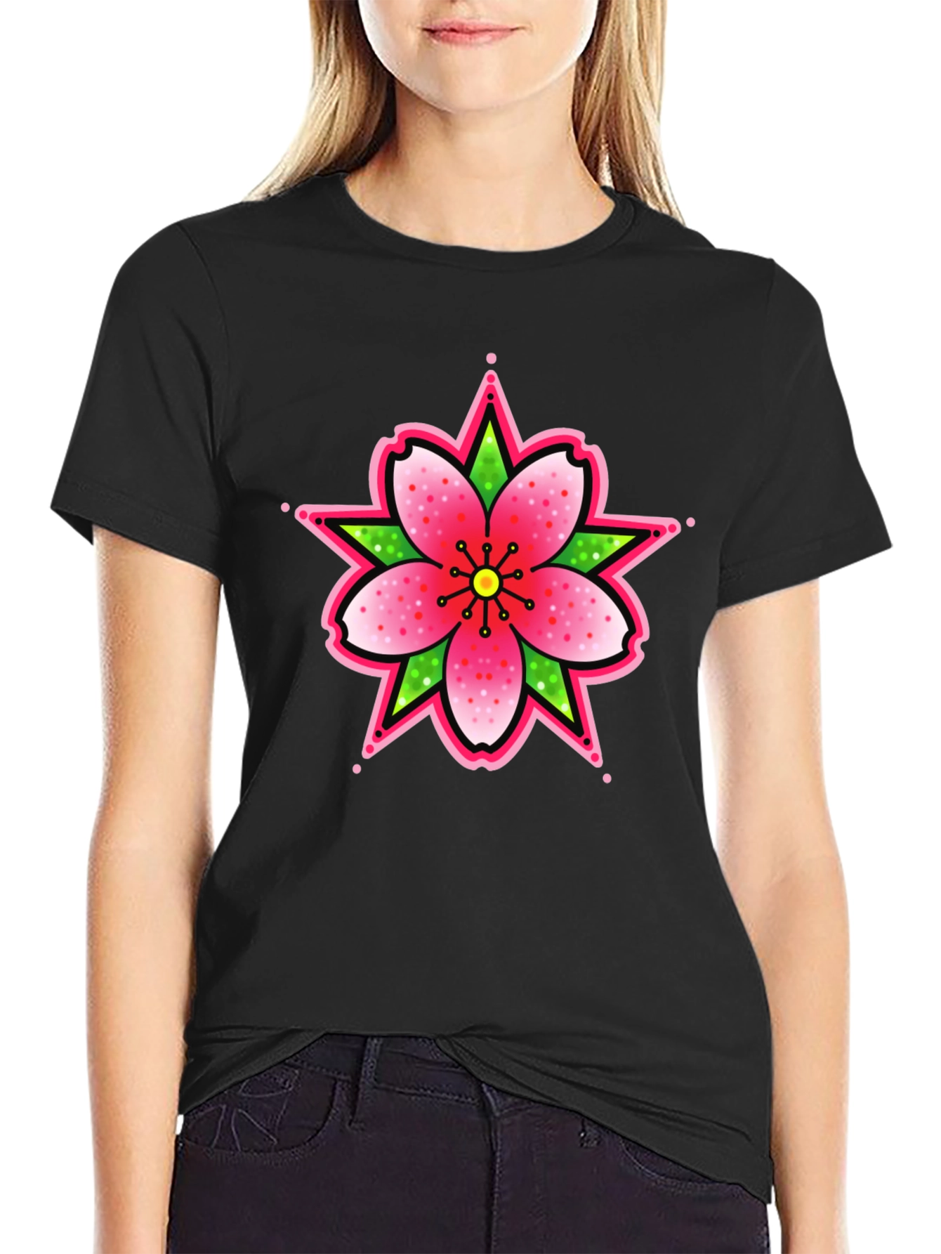 Black T-Shirt with Floral Tattoo Style Graphic