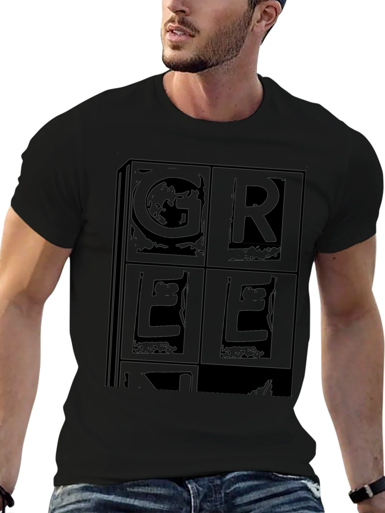 Retro GREEK Print Black T-Shirt