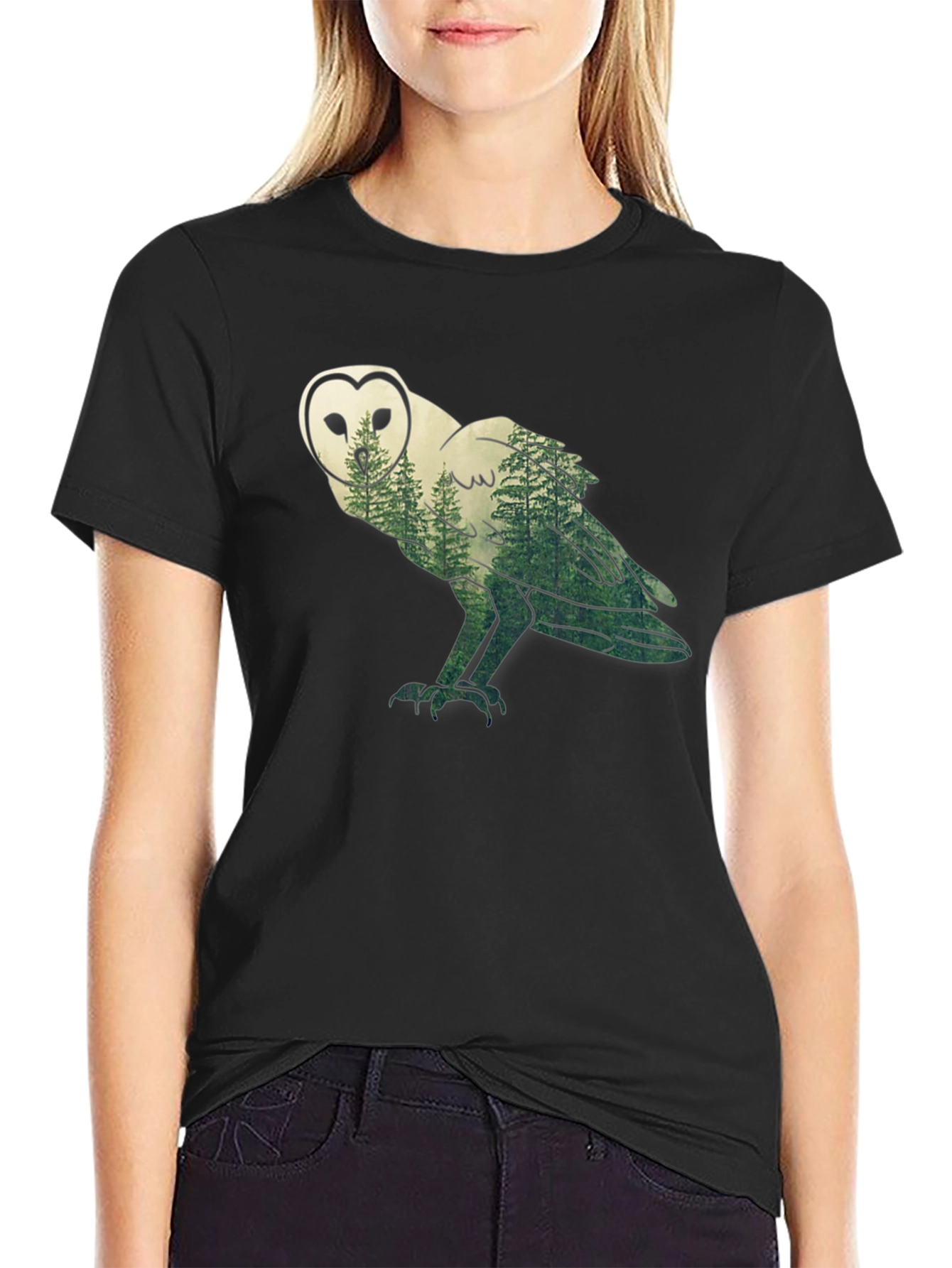 Owl Forest Graphic Print Black T-Shirt