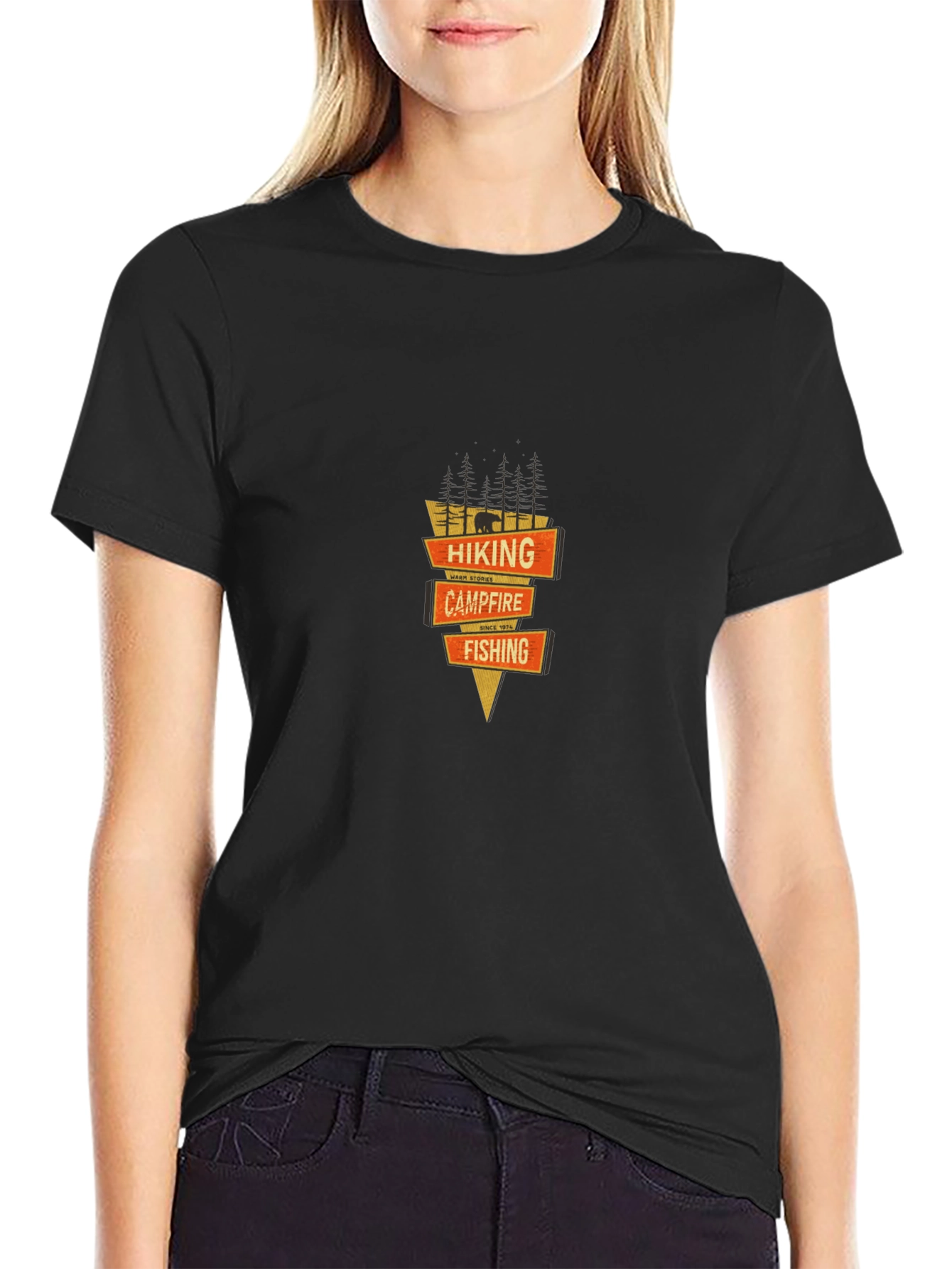 Hiking Campfire Fishing Graphic Tee - Black
