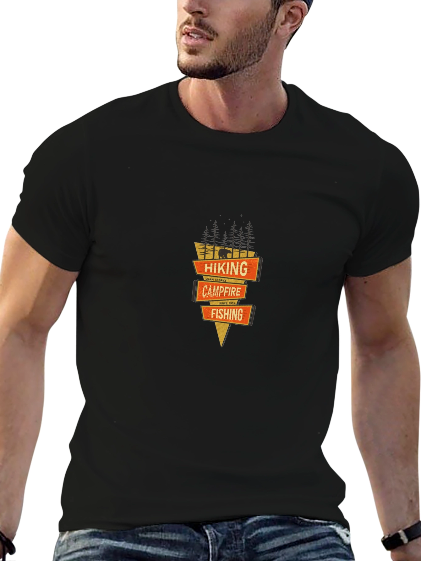 Hiking Campfire Fishing Graphic Tee - Black