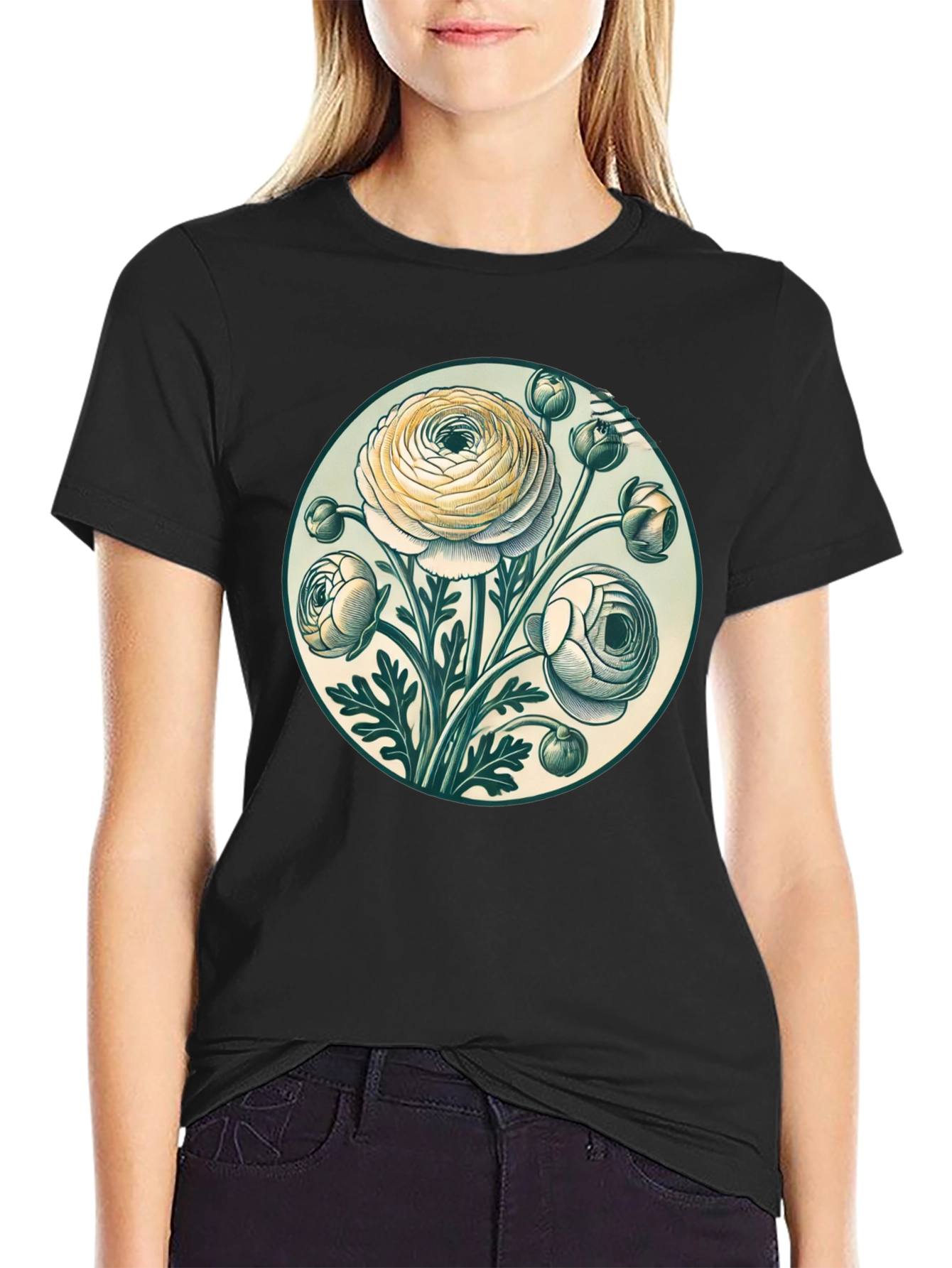 Floral Graphic Tee - Botanical Art Black T-Shirt