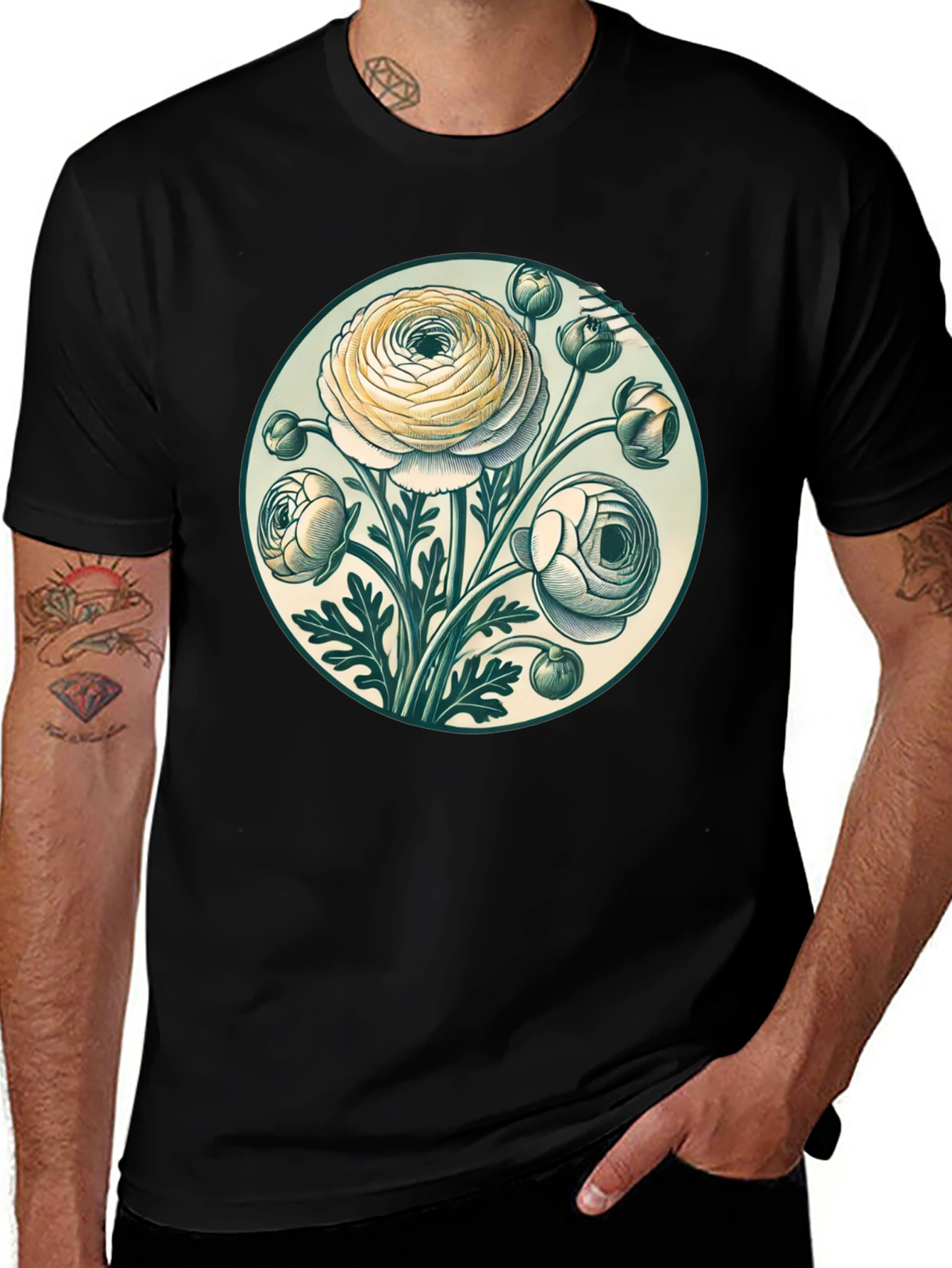 Floral Graphic Tee - Botanical Art Black T-Shirt